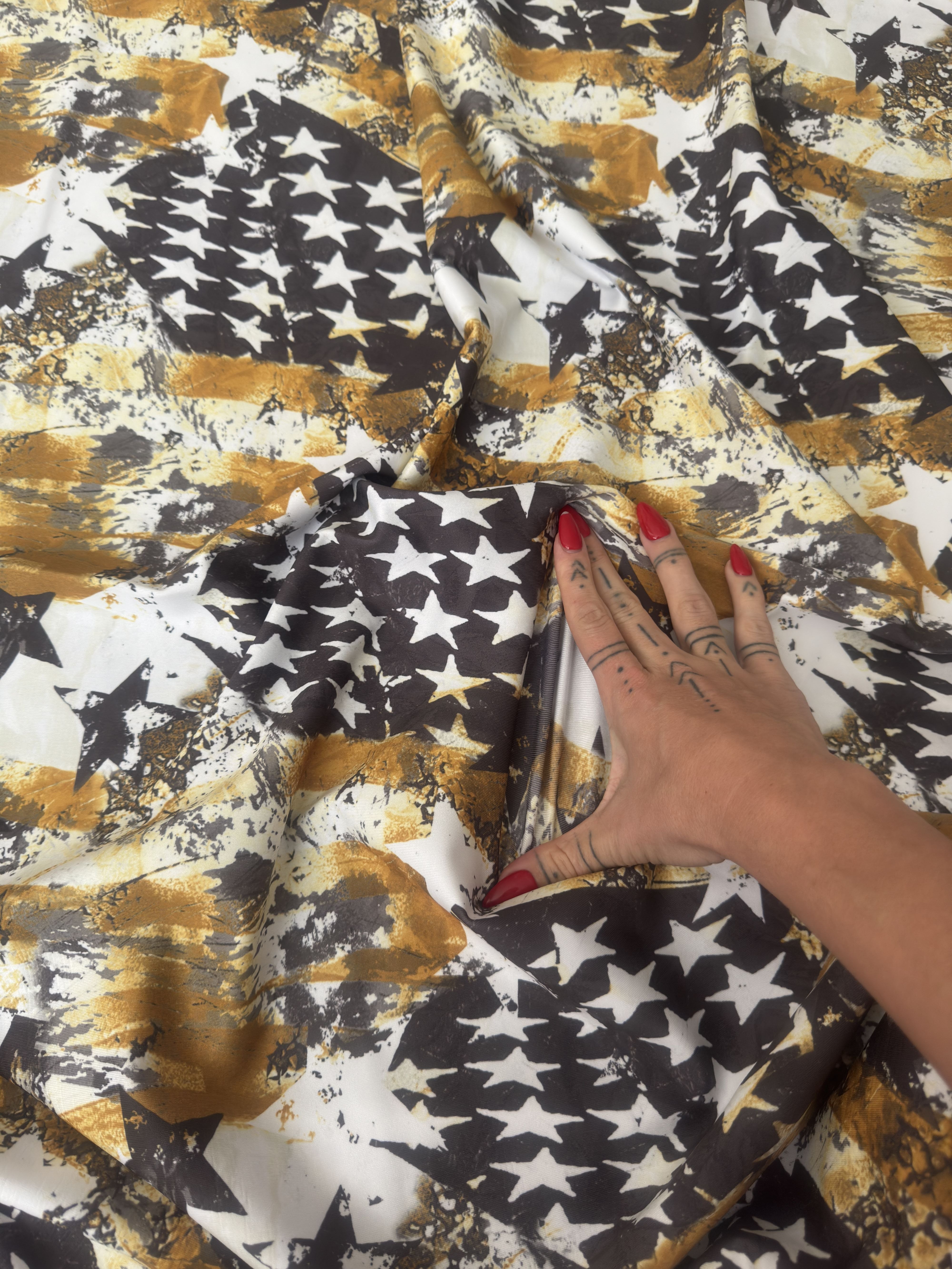 Gold & Black Abstract American Flag Nylon Spandex, Fabric Store, Sewing Store, Cheap Fabric Store, Kiki Textiles, Textile by the Yard