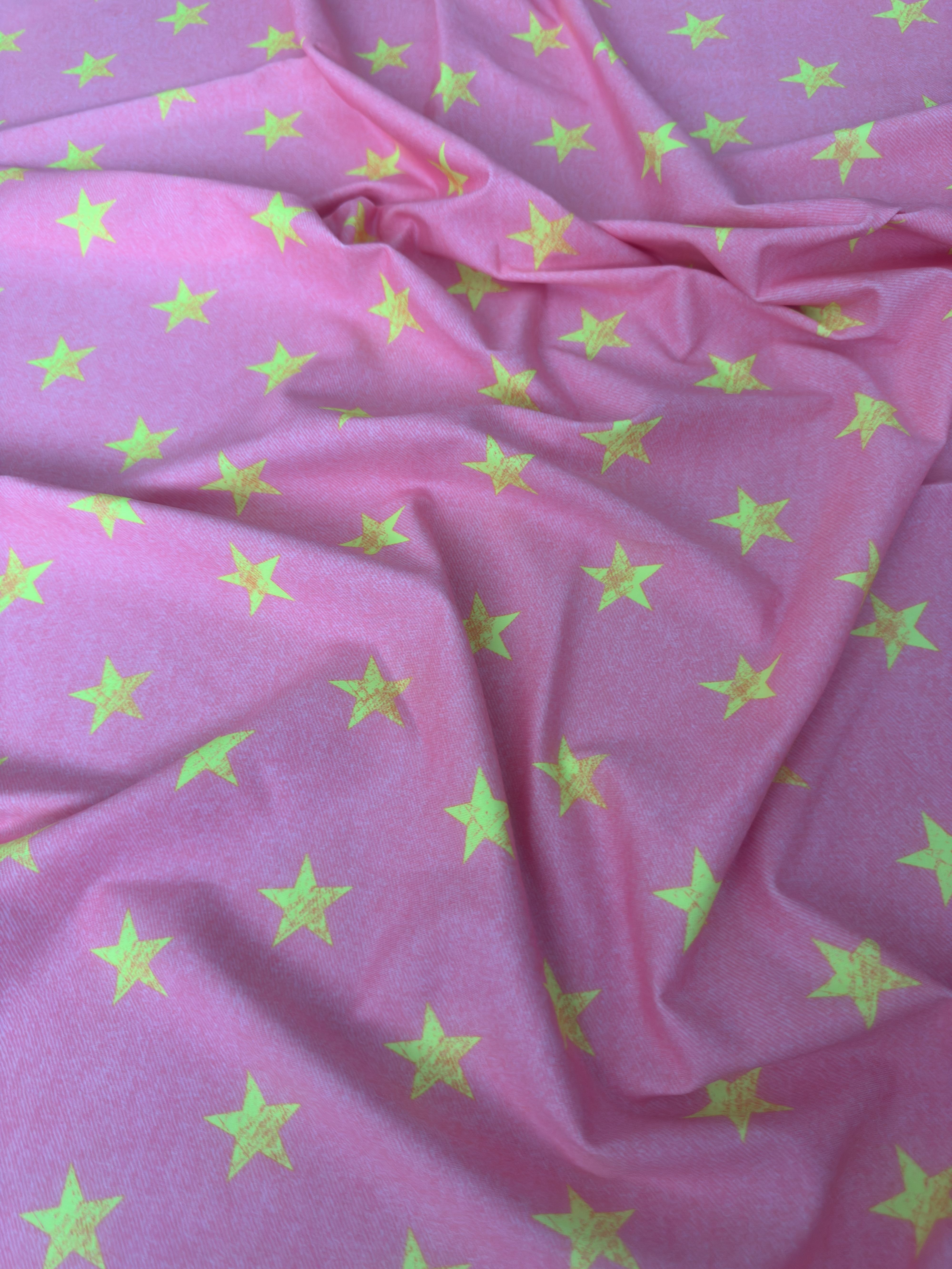 Yellow Stars on Bubble Pink Nylon Spandex, Nylon Spandex, Shiny Spandex, Stretch Fabric, 4 way stretch fabric, Fabric on Sale, Activewear Fabric, Polyester Fabric