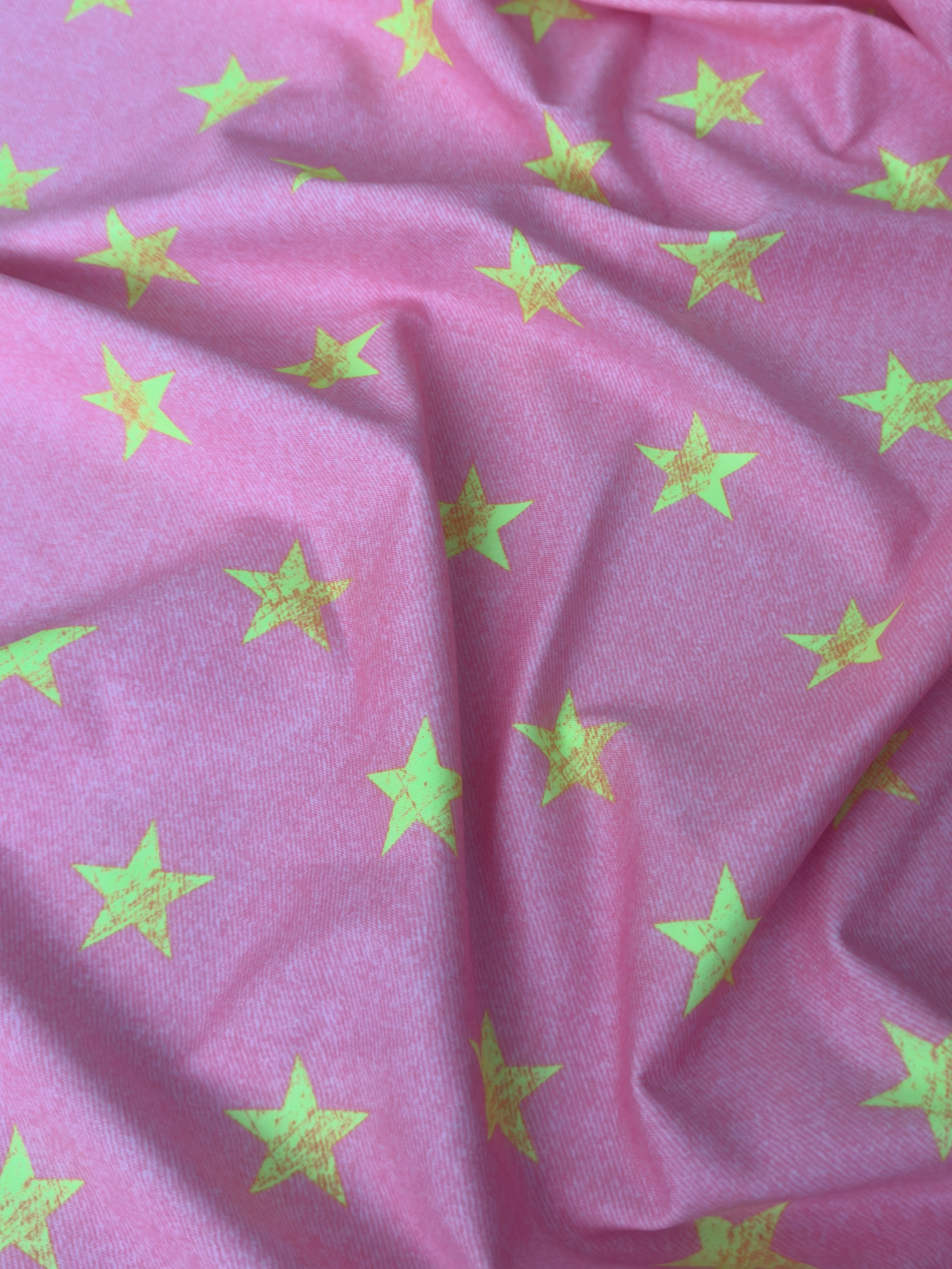 Yellow Stars on Bubble Pink Nylon Spandex, Fabric Store, Sewing Store, Cheap Fabric Store, Kiki Textiles, Textile by the Yard
