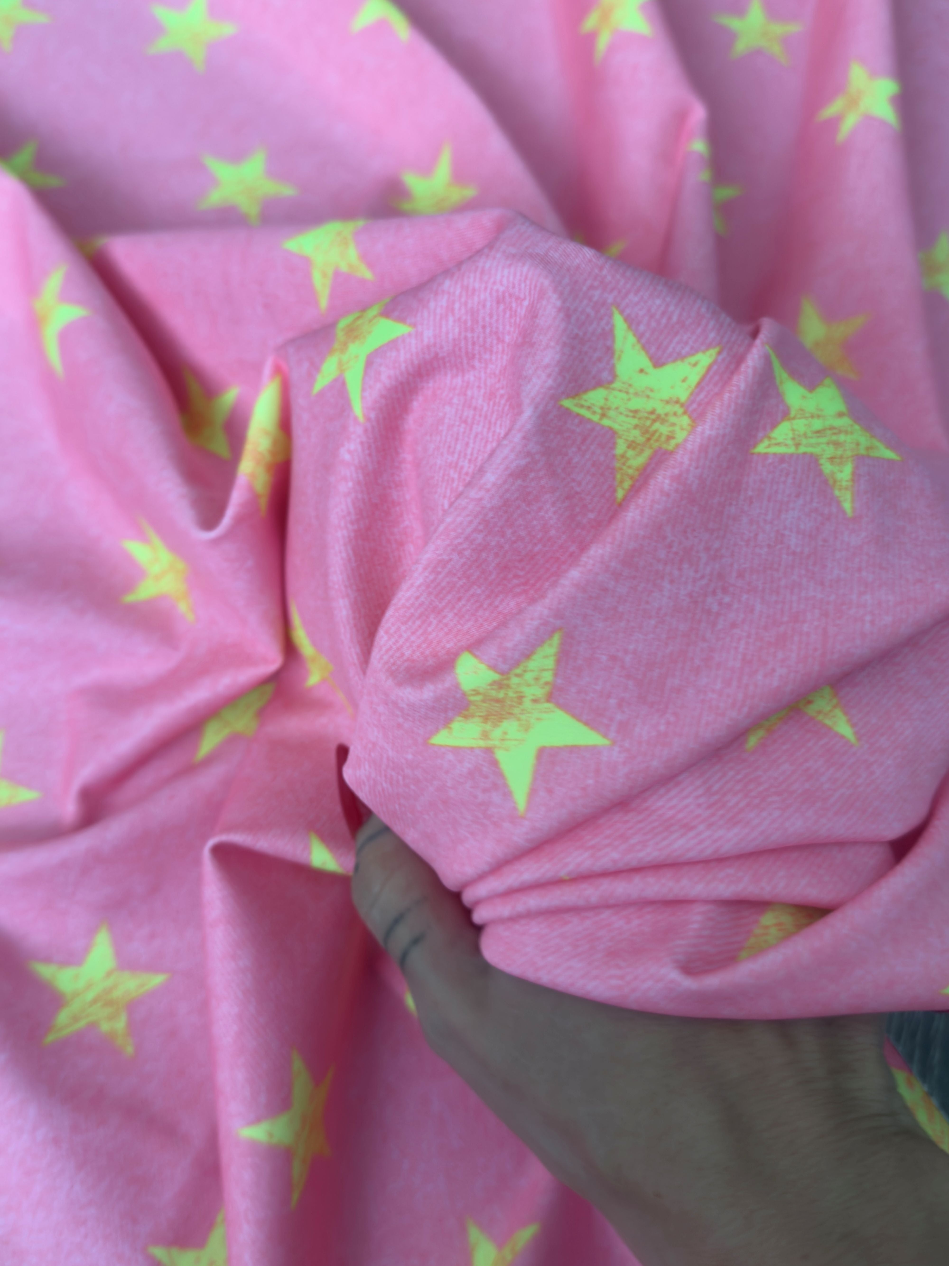 Yellow Stars on Bubble Pink Nylon Spandex, Fabric Store, Sewing Store, Cheap Fabric Store, Kiki Textiles, Textile by the Yard