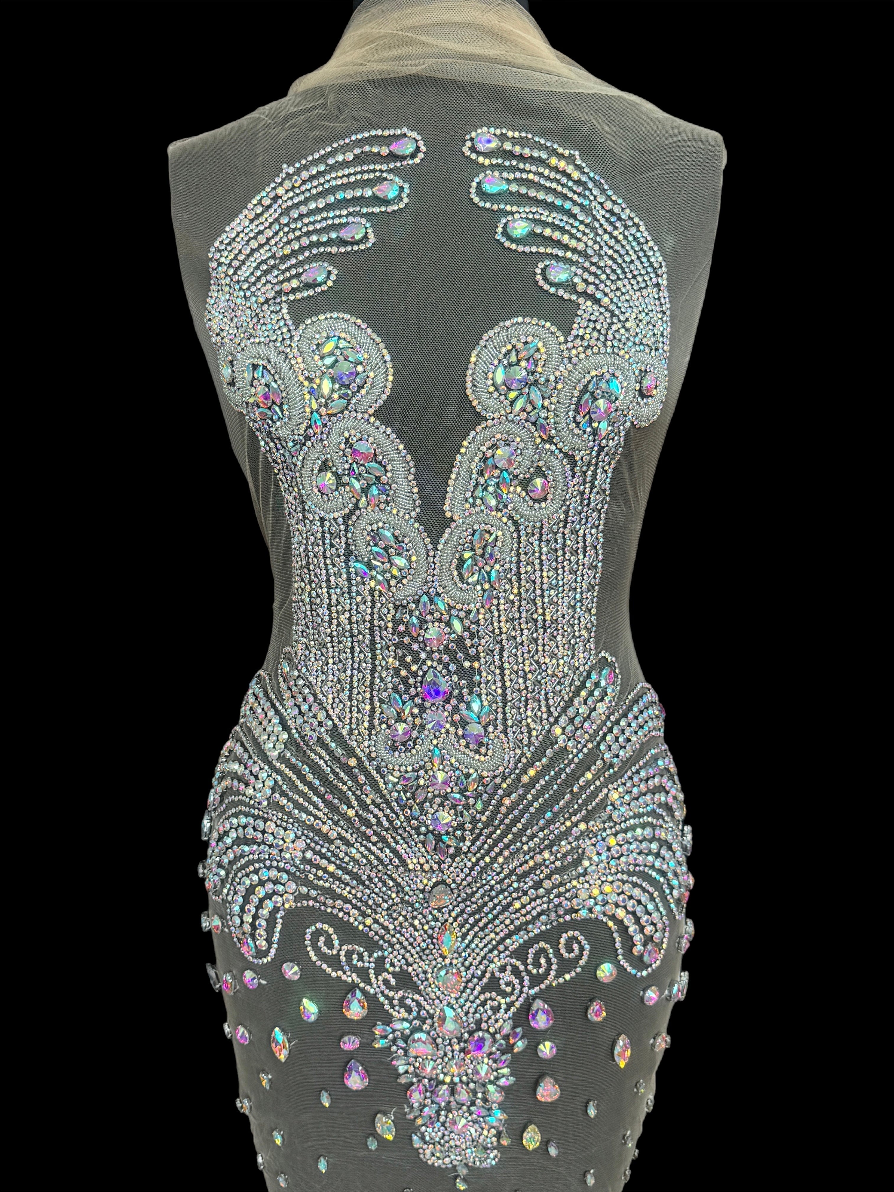 Tina Silver Iridescent Rhinestone Bodice Applique, shop fabrics online, sewing, fabric store, sewing store, cheap fabric store, kiki textiles, textile by the yard