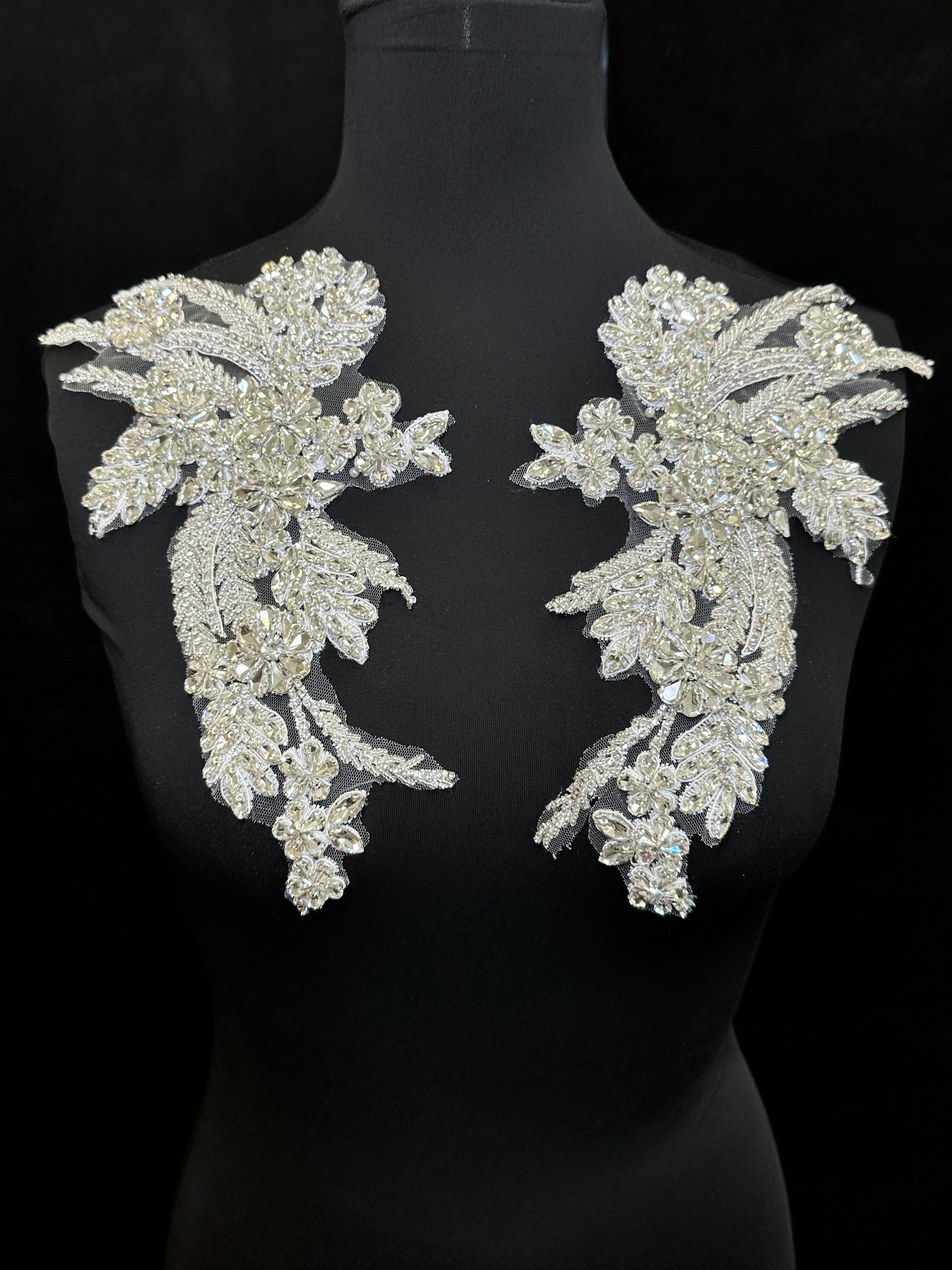 Gina Silver Rhinestone Applique , silver applique, dark silver applique, silver bodice, silver embellishment for dress,