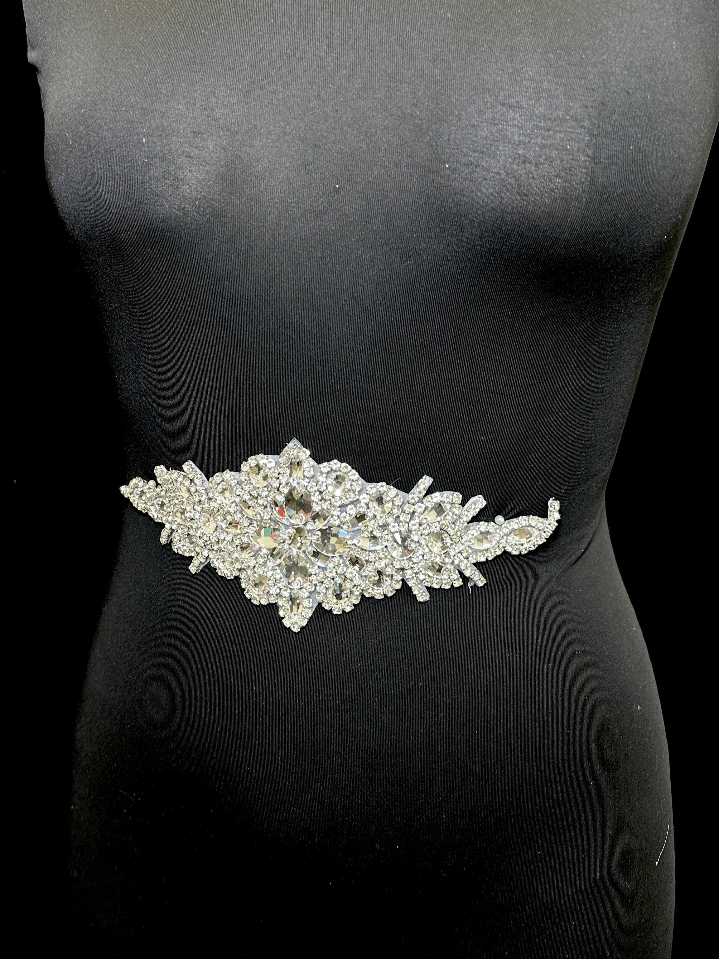 Asia Silver Iron On Rhinestone Applique , silver applique, dark silver applique, silver bodice, silver embellishment for dress,