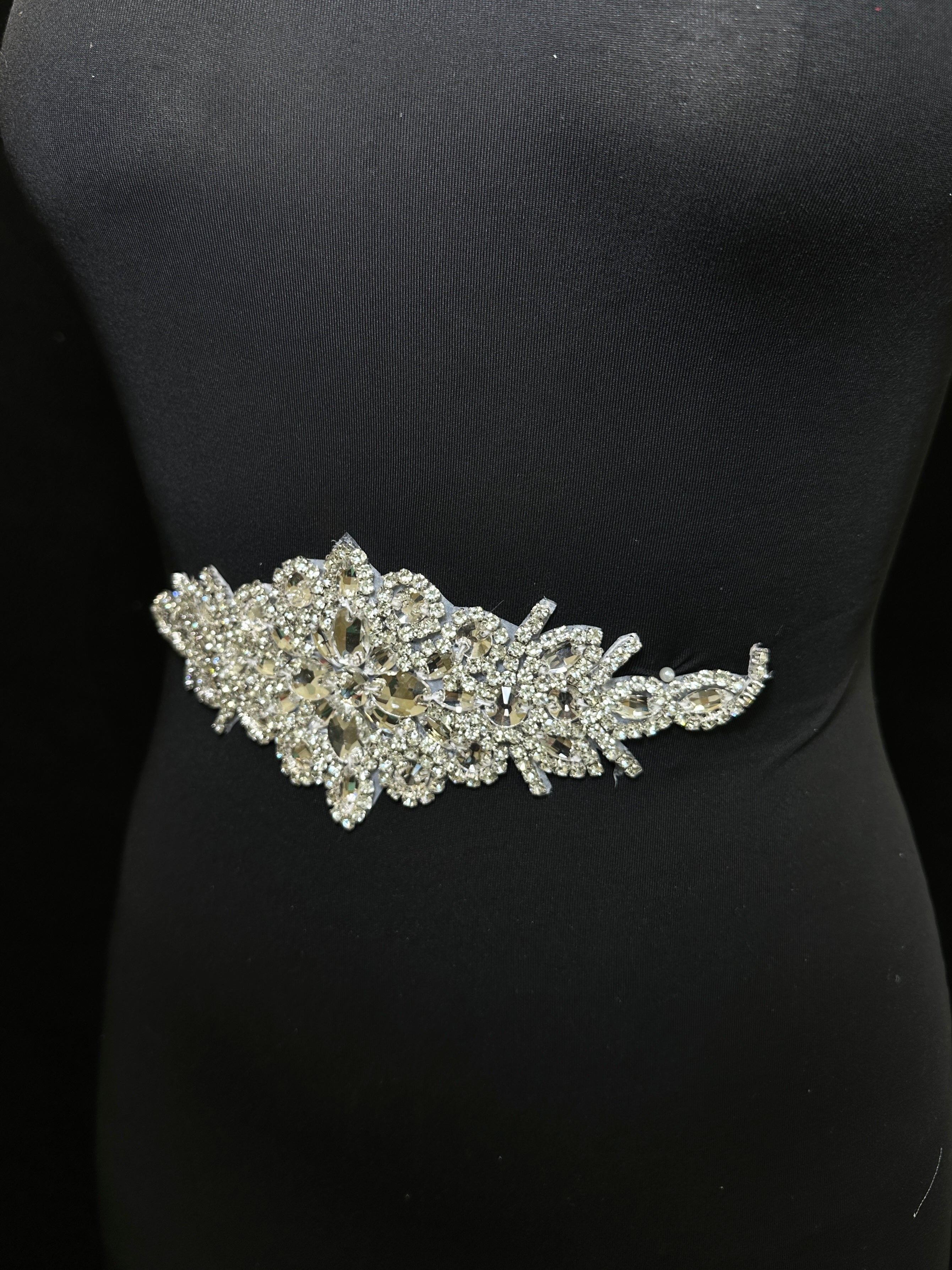 Asia Silver Iron On Rhinestone Applique , silver applique, dark silver applique, silver bodice, silver embellishment for dress,