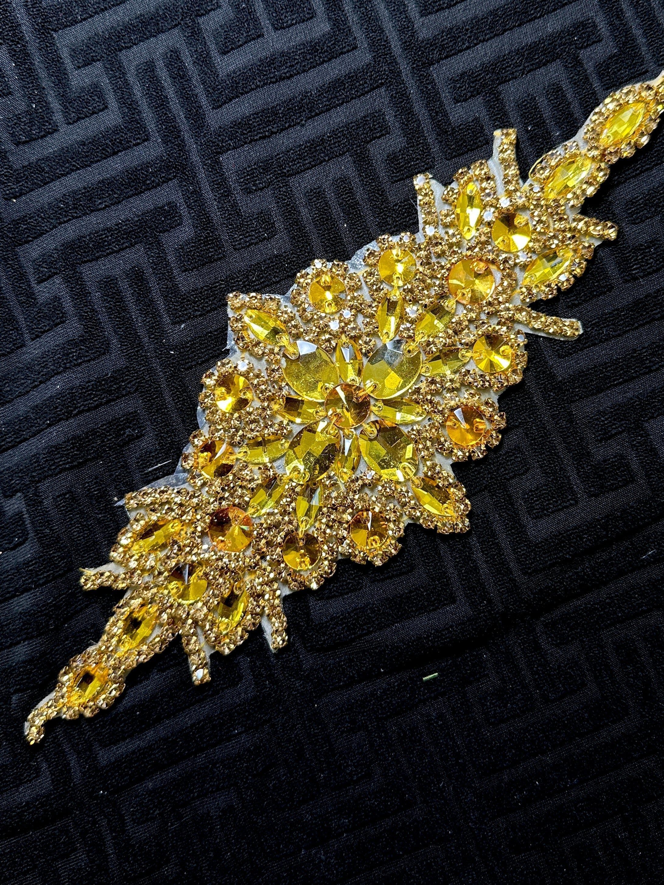 ASia Gold iron on rhinestone applique, gold applique, dark yellow applique, gold bodice, gold embellishment for dress,