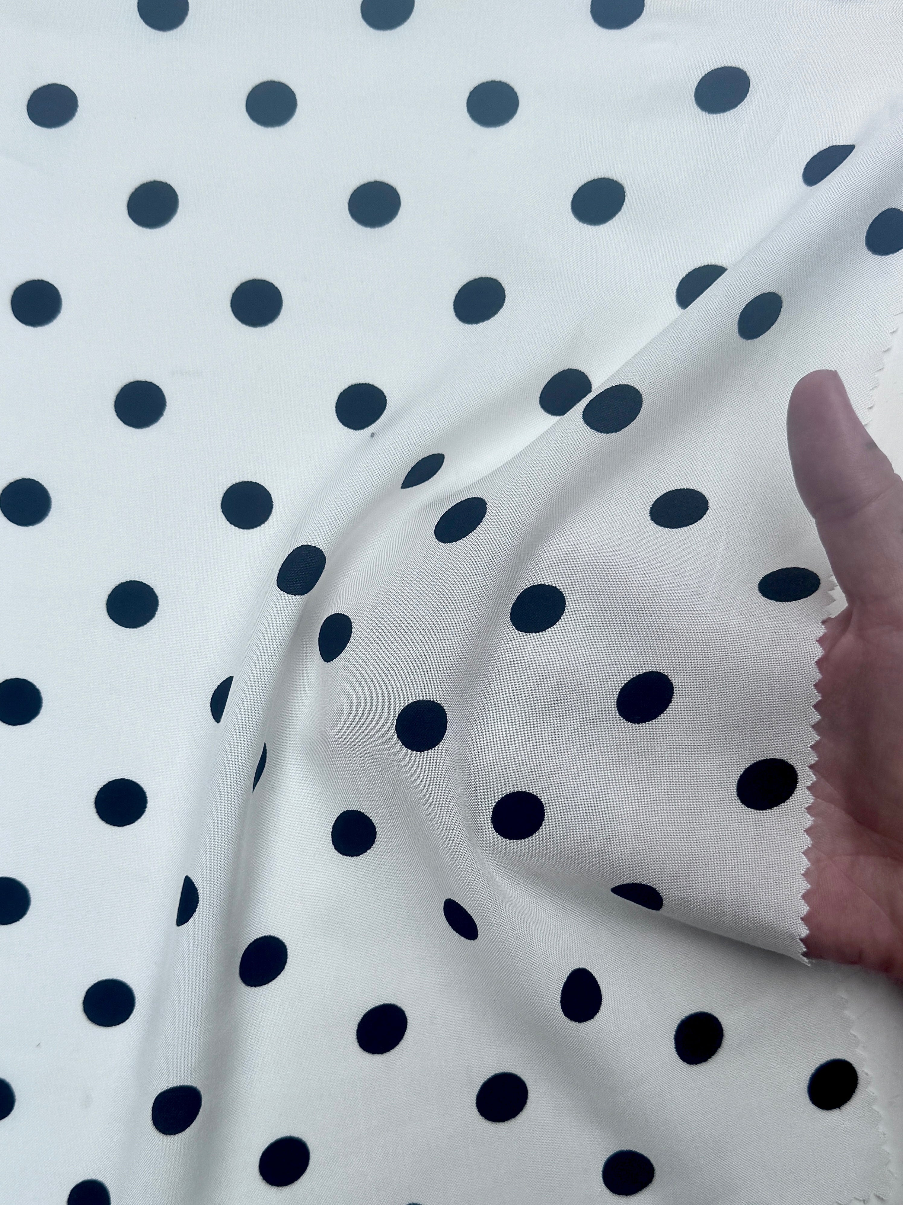 Black Polka dots on White Rayon Challis, online textile store, sewing, fabric store, sewing store, cheap fabric store, kiki textiles