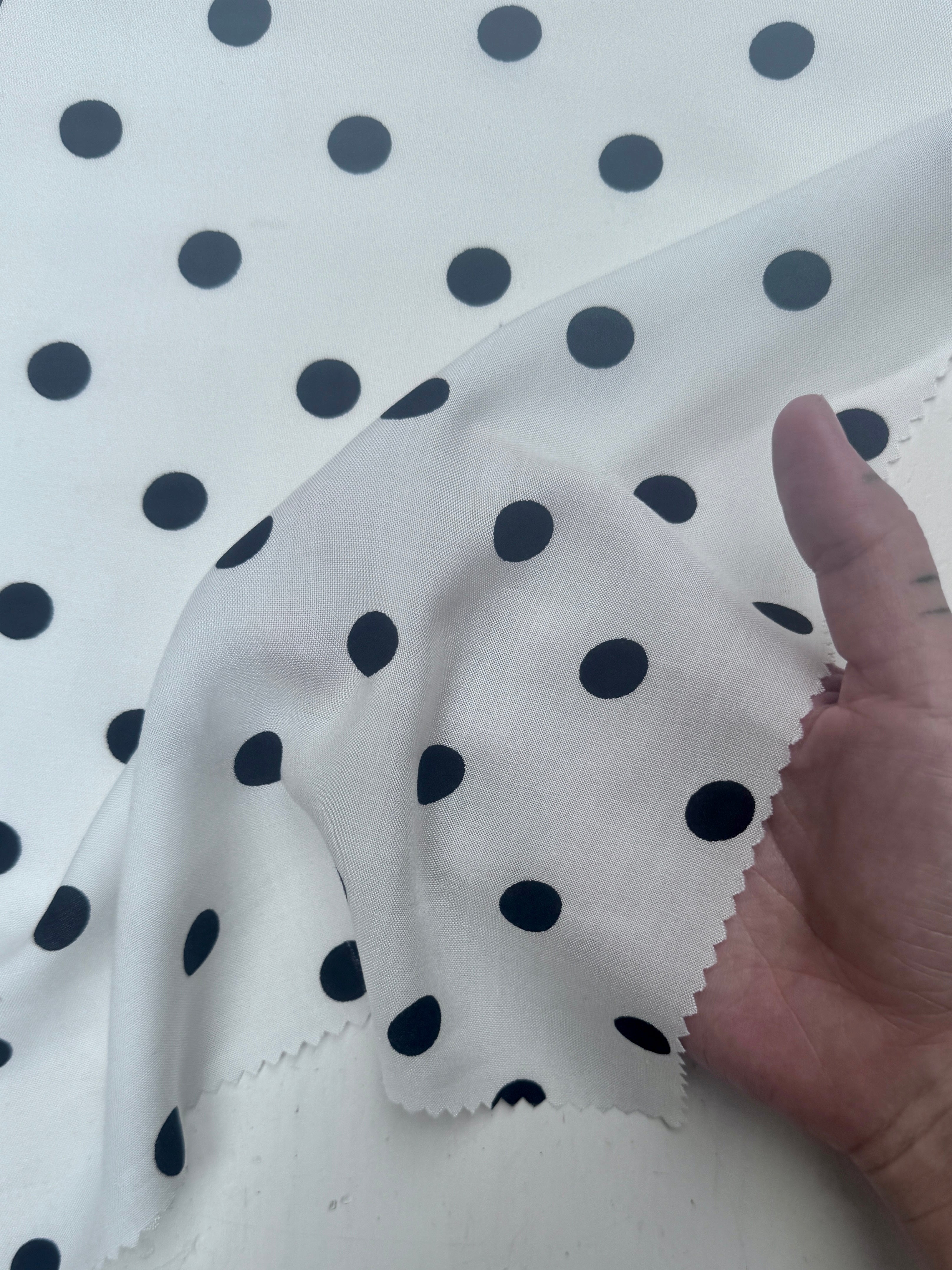 Black Polka dots on White Rayon Challis, online textile store, sewing, fabric store, sewing store, cheap fabric store, kiki textiles