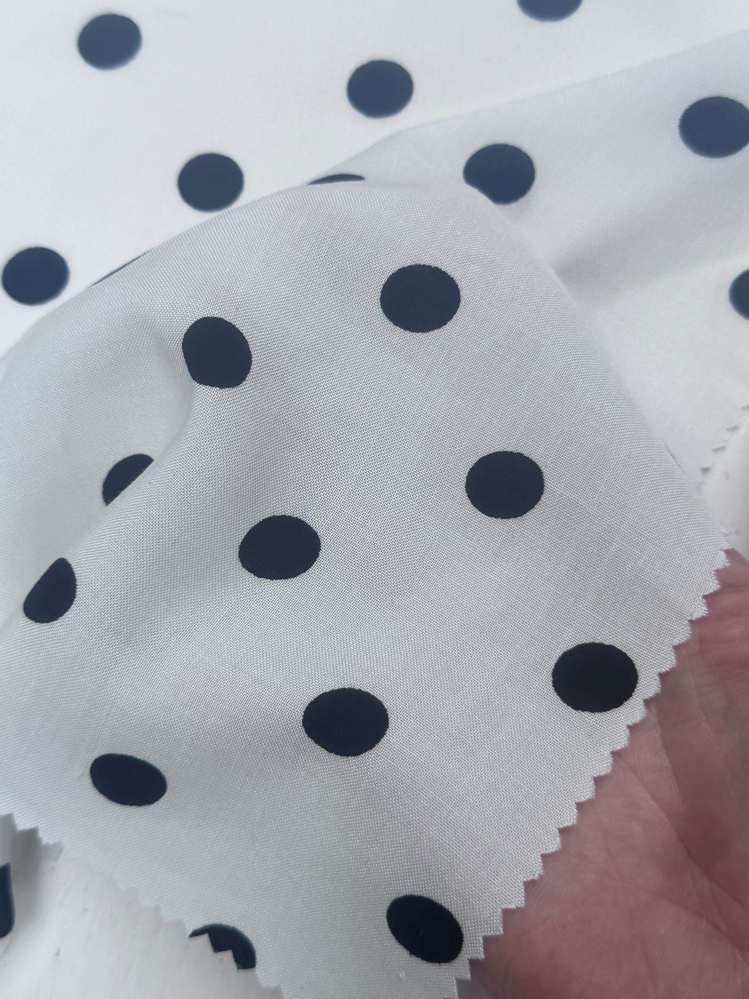 Black Polka dots on White Rayon Challis, Black Rayon Challis, Black and white Rayon Challis, eco-friendly fabric, pure Rayon Challis fabric, Rayon Challis, Rayon Challis fabric, kiki textiles, sewing