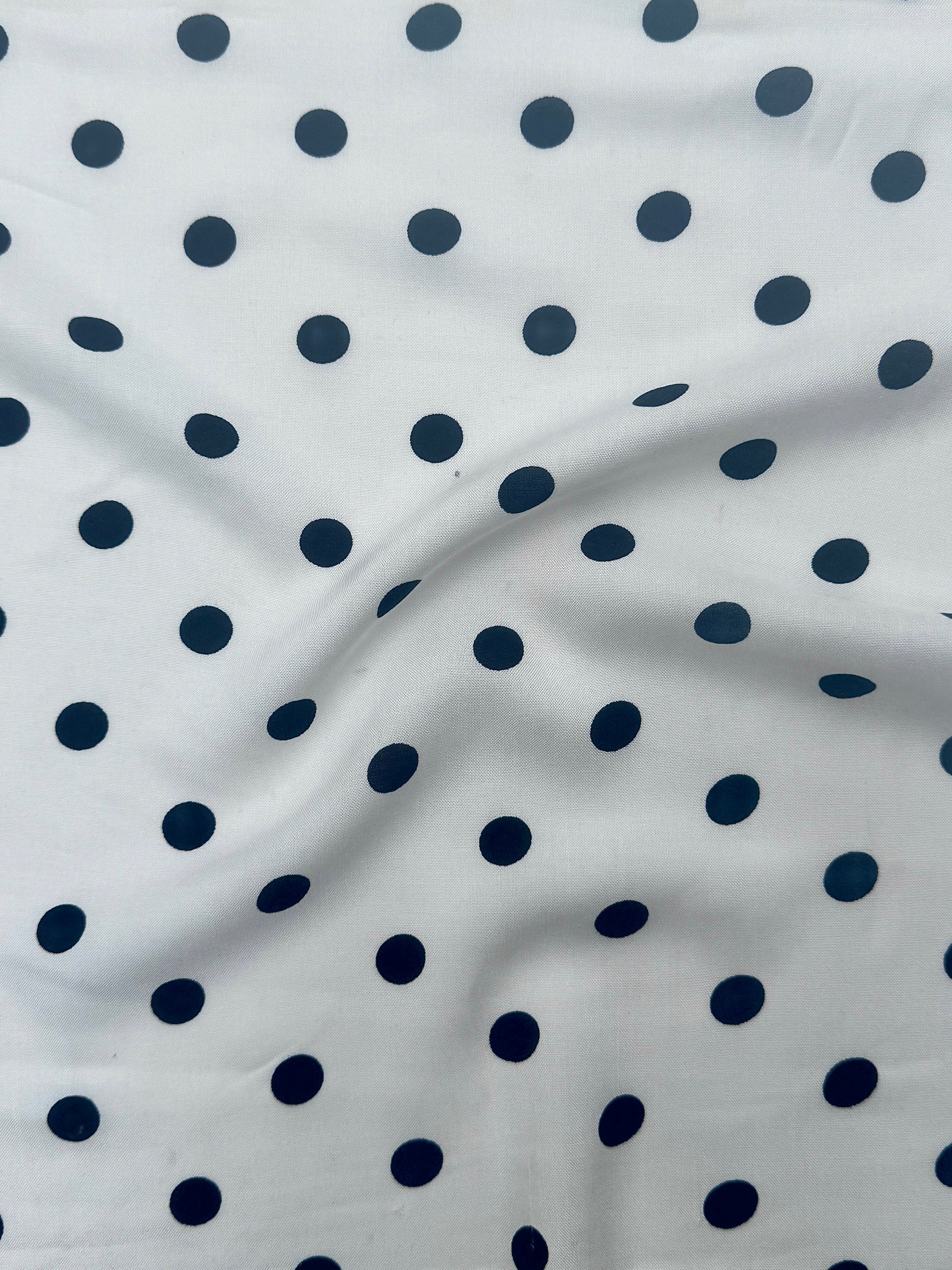 Black Polka dots on White Rayon Challis, online textile store, sewing, fabric store, sewing store, cheap fabric store, kiki textiles
