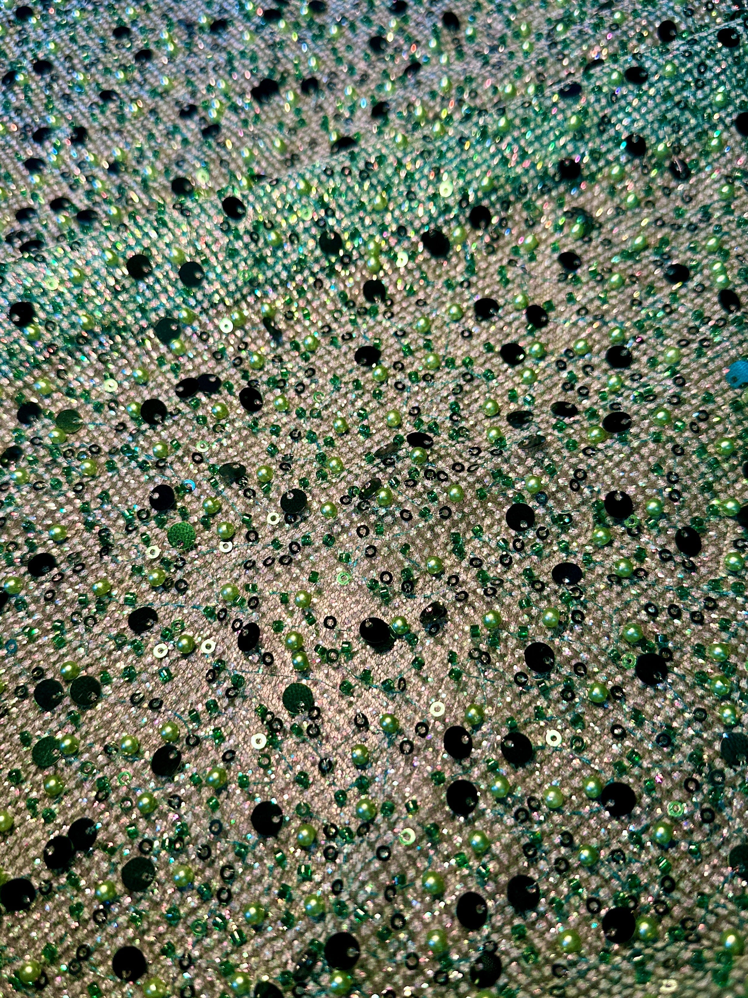 Emerald Green Sequin Beaded Pearl Mesh, Fabric Store, Sewing Store, Cheap Fabric Store, Kiki Textiles, Textile by the Yard