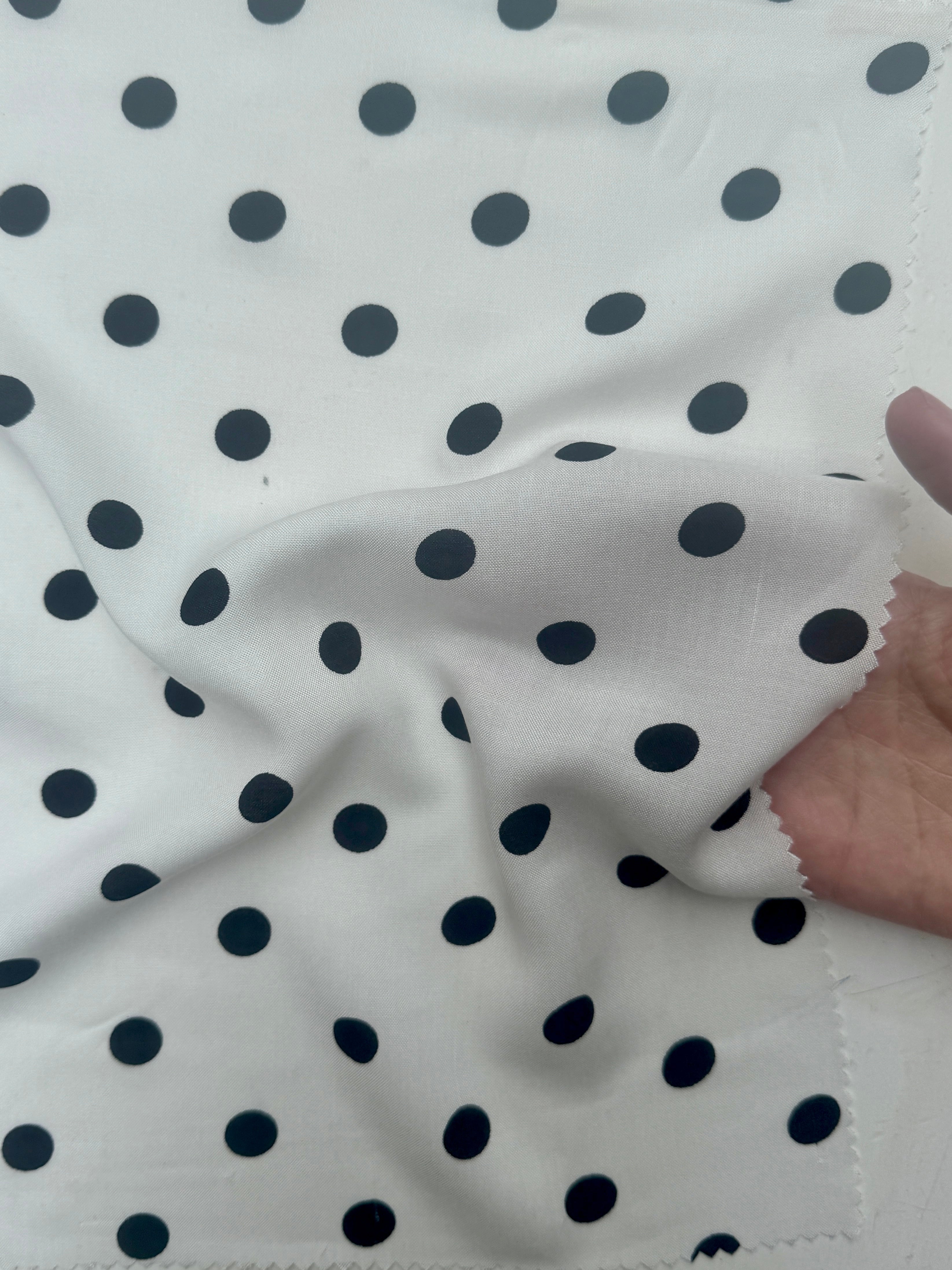 Black Polka dots on White Rayon Challis, online textile store, sewing, fabric store, sewing store, cheap fabric store, kiki textiles