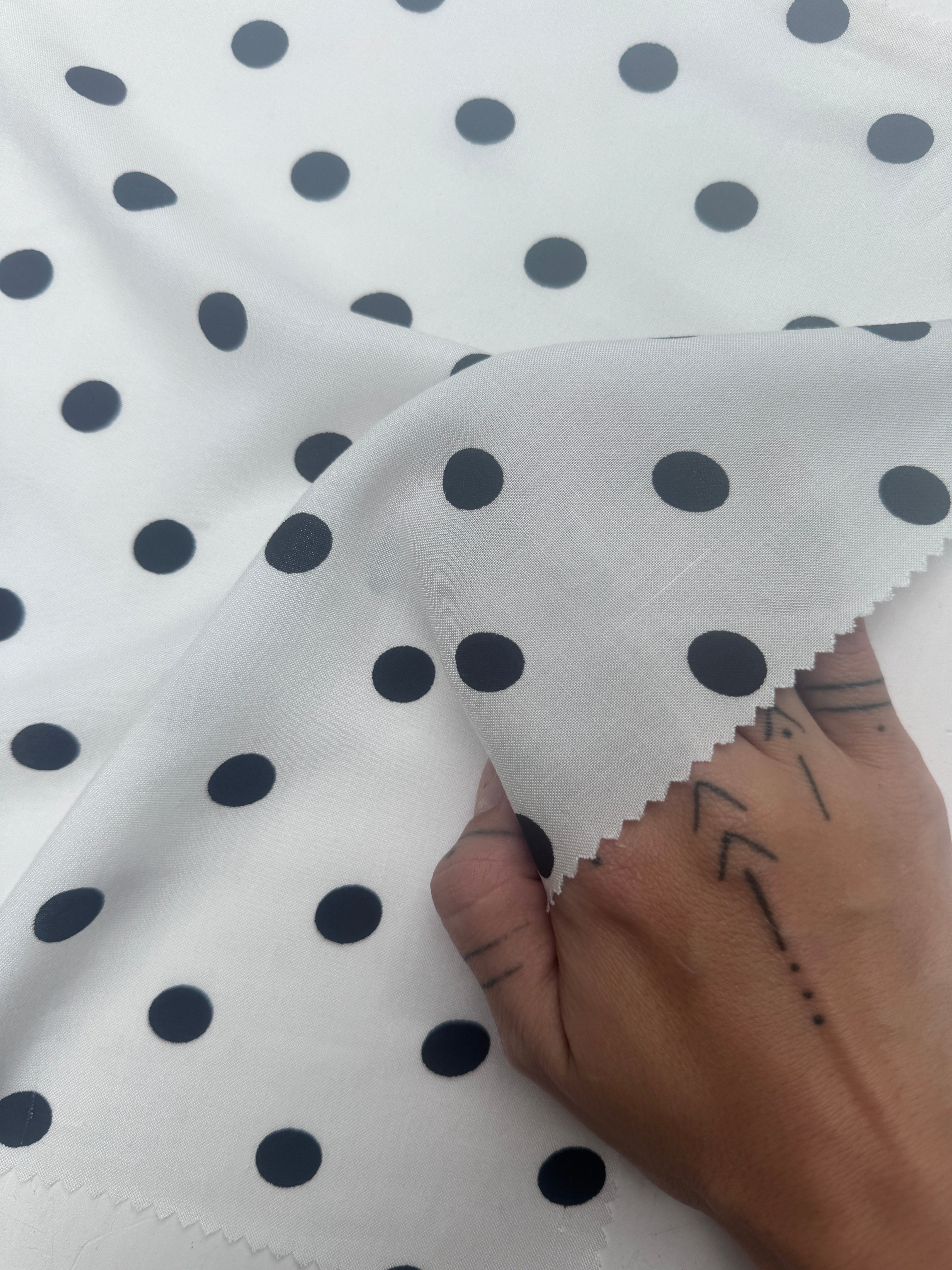 Black Polka dots on White Rayon Challis, Black Rayon Challis, Black and white Rayon Challis, eco-friendly fabric, pure Rayon Challis fabric, Rayon Challis, Rayon Challis fabric, kiki textiles, sewing