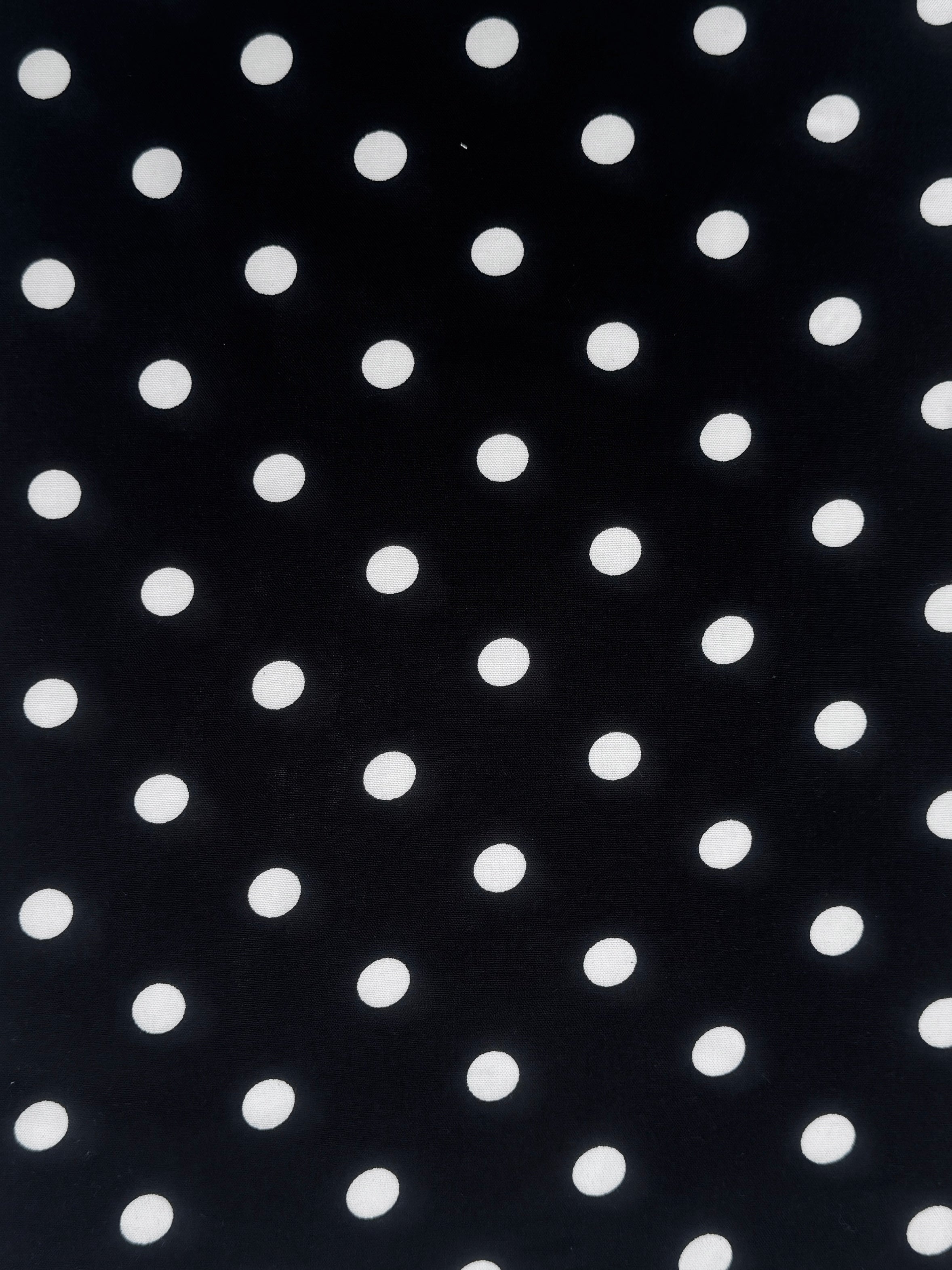 Black Polka dots on White Rayon Challis, online textile store, sewing, fabric store, sewing store, cheap fabric store, kiki textiles