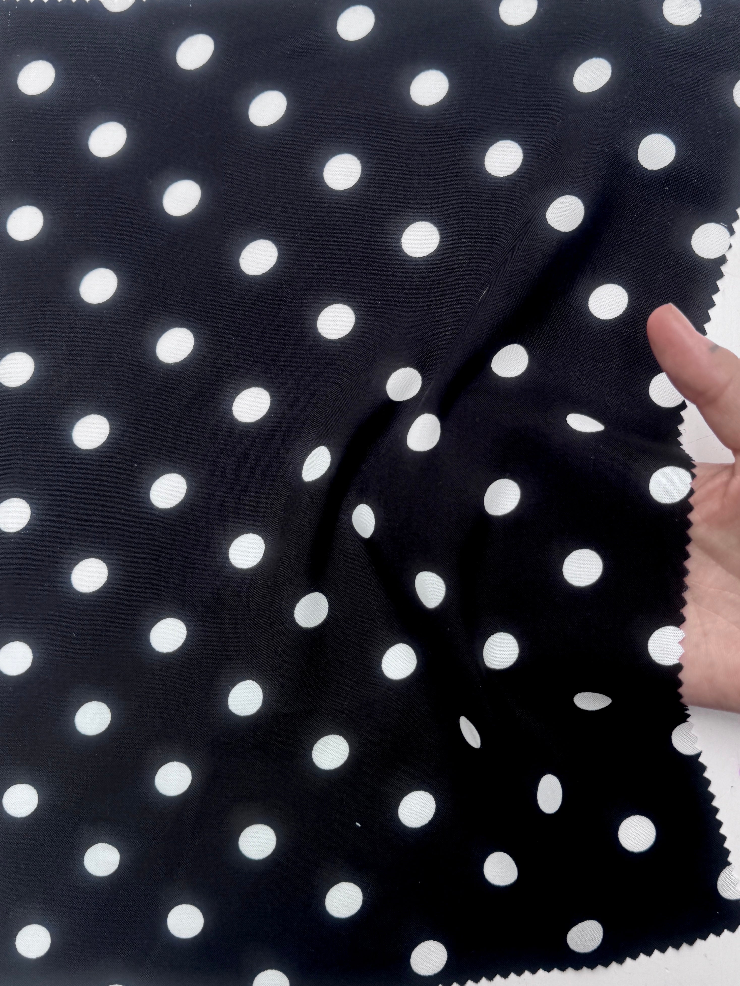 Black Polka dots on White Rayon Challis, online textile store, sewing, fabric store, sewing store, cheap fabric store, kiki textiles