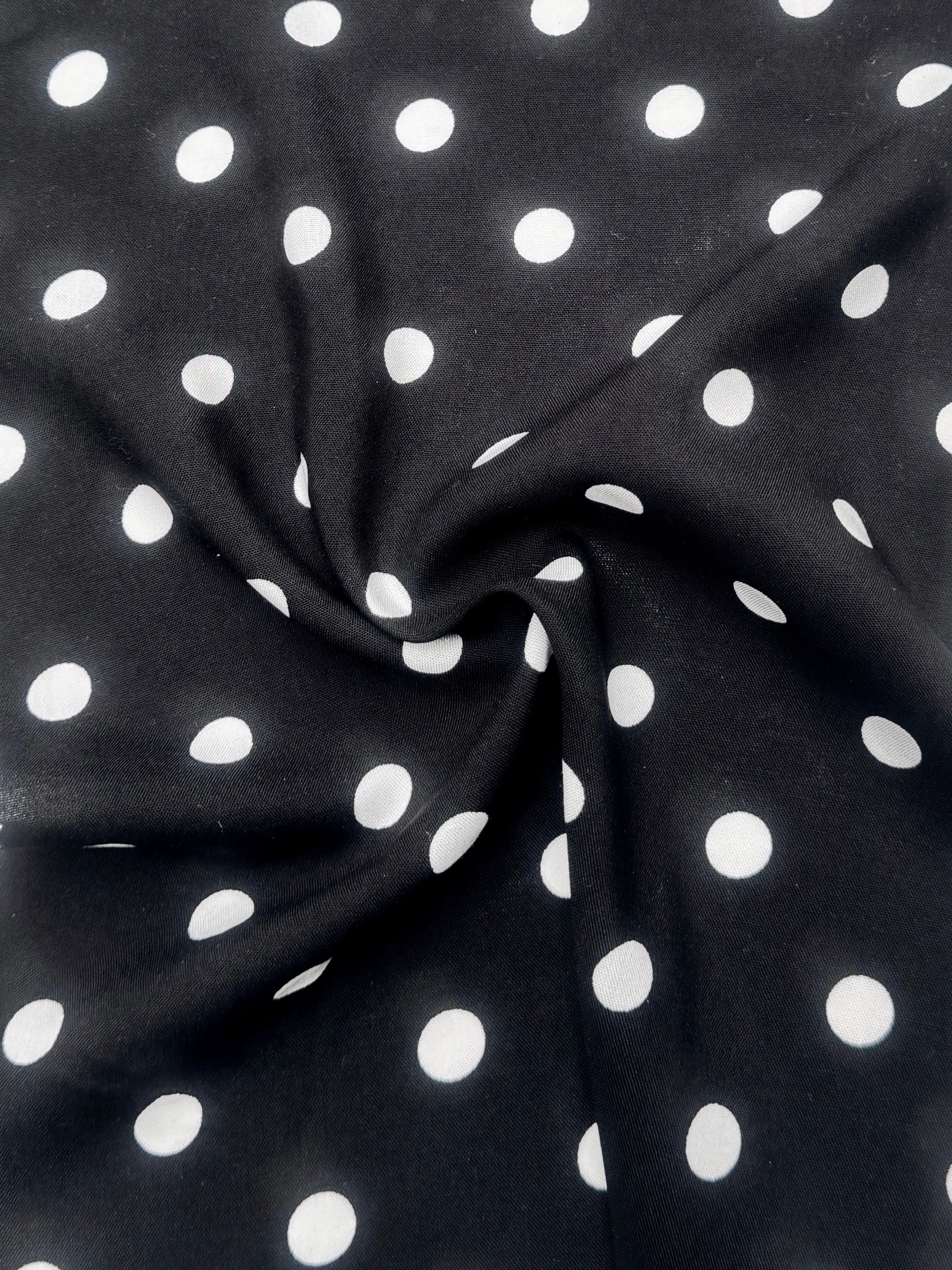 Black Polka dots on White Rayon Challis, online textile store, sewing, fabric store, sewing store, cheap fabric store, kiki textiles
