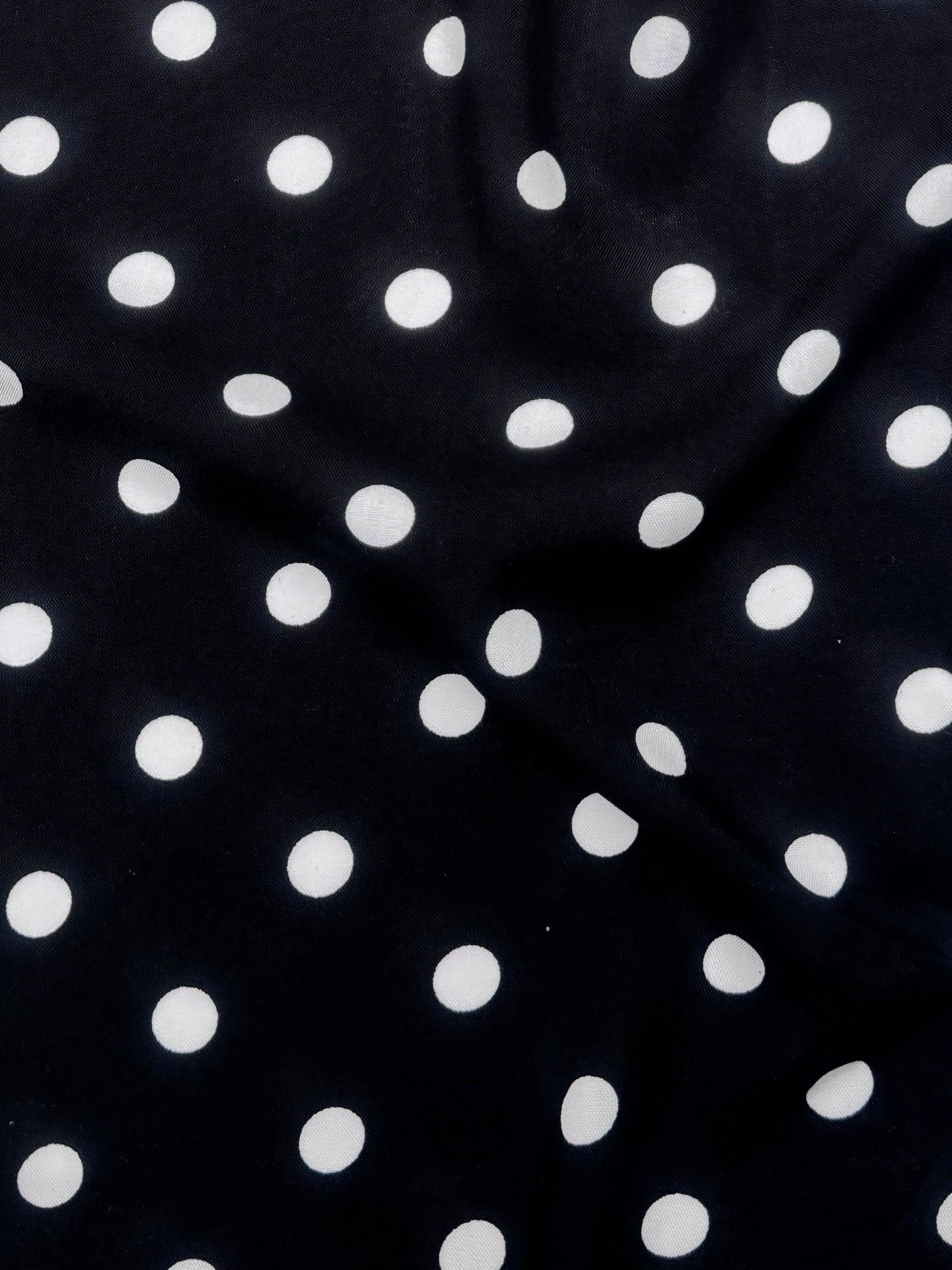 White polka dots on black rayon challis, Black Rayon Challis, Black and white Rayon Challis, eco-friendly fabric, pure Rayon Challis fabric, Rayon Challis, Rayon Challis fabric, kiki textiles, sewing