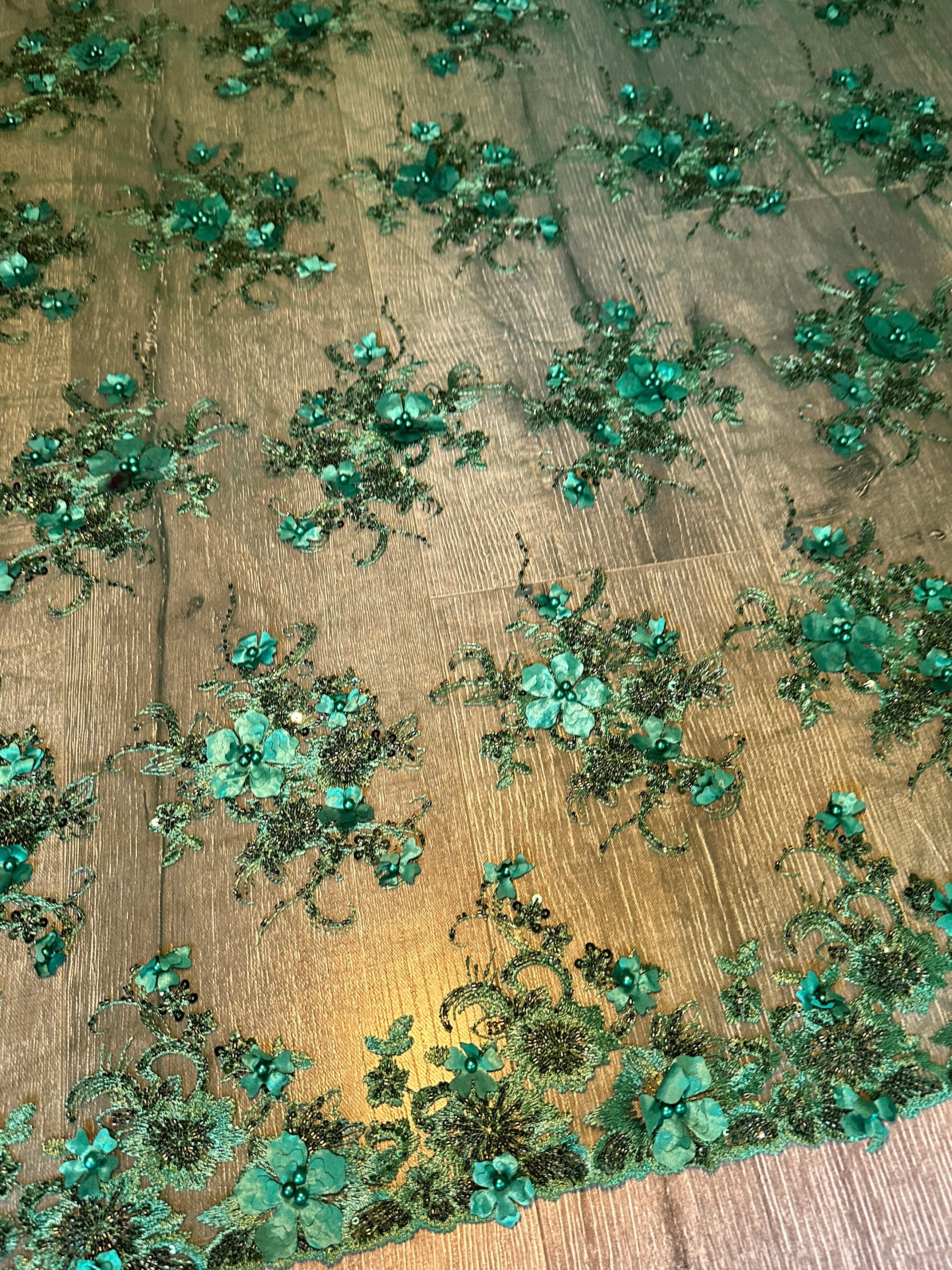Emerald Green 3D Floral Embroidered Beaded Tulle Lace, Fabric Store, Sewing Store, Cheap Fabric Store, Kiki Textiles, Textile by the Yard