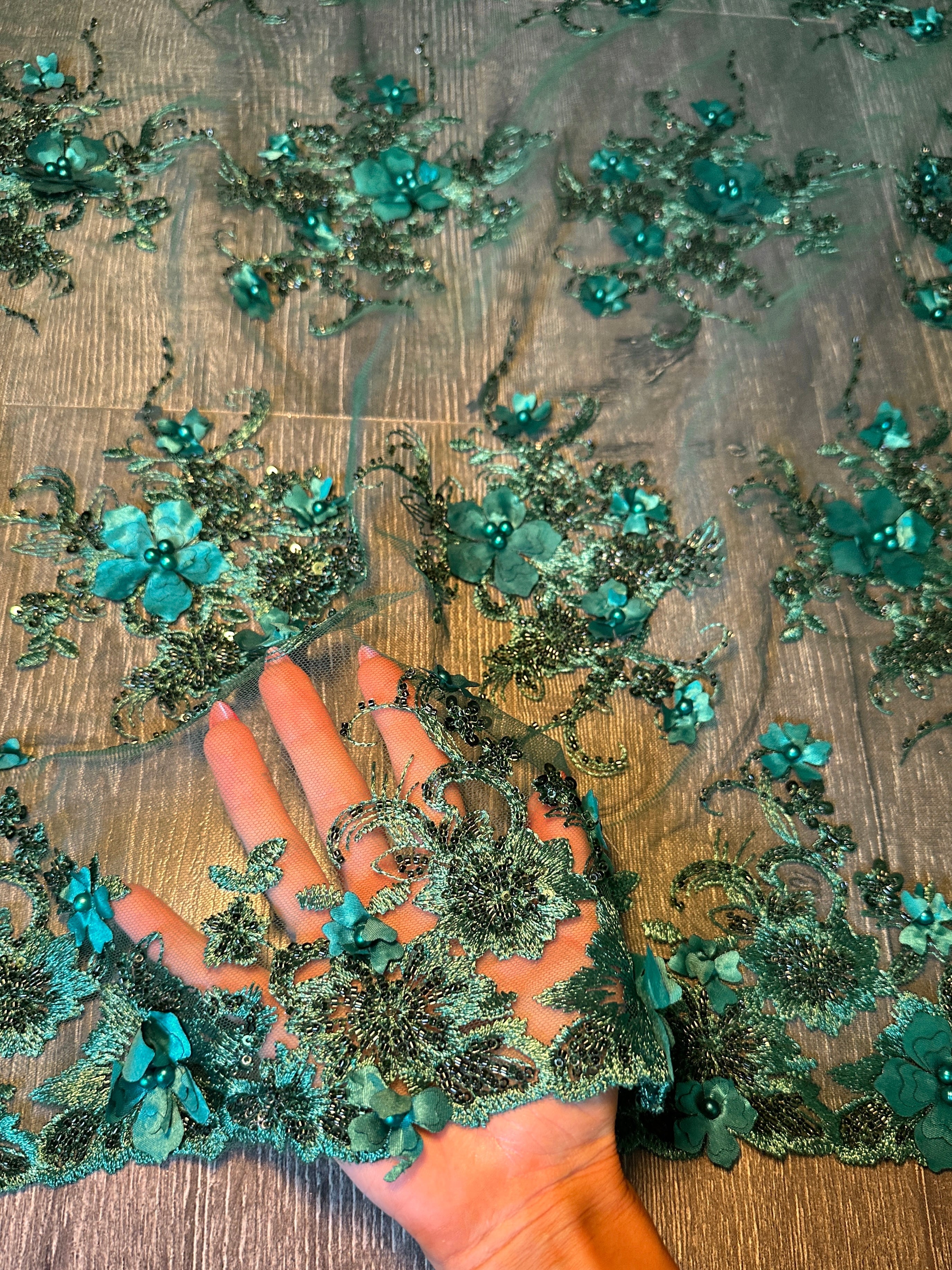 Emerald Green 3D Floral Embroidered Beaded Tulle Lace, Embroidered Lace, Beaded Tulle Lace, Tulle for Wedding Dress, Pearl Material, Tulle Fabric, Tulle Lace Dress Woman