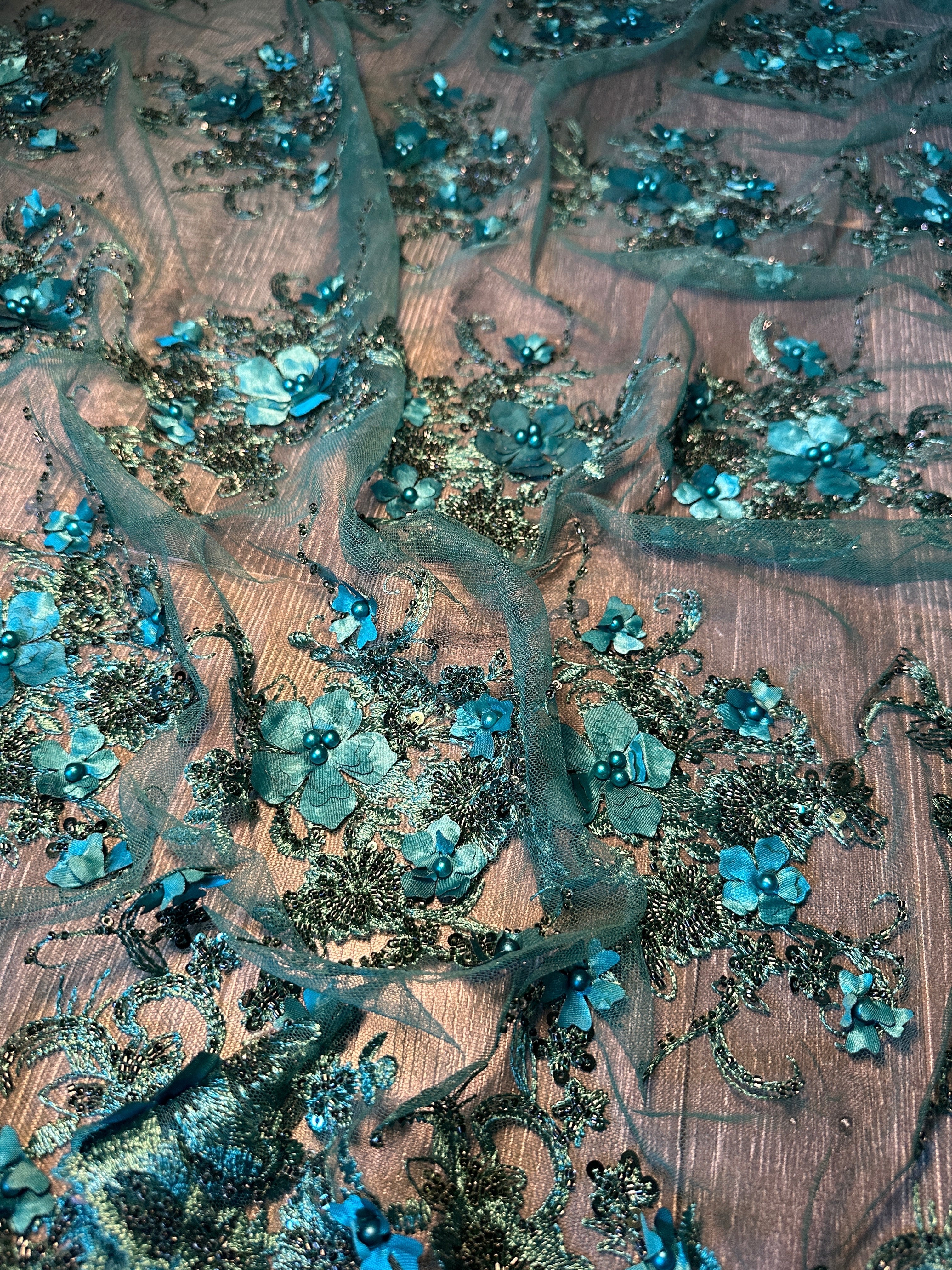 Emerald Green 3D Floral Embroidered Beaded Tulle Lace, Embroidered Lace, Beaded Tulle Lace, Tulle for Wedding Dress, Pearl Material, Tulle Fabric, Tulle Lace Dress Woman