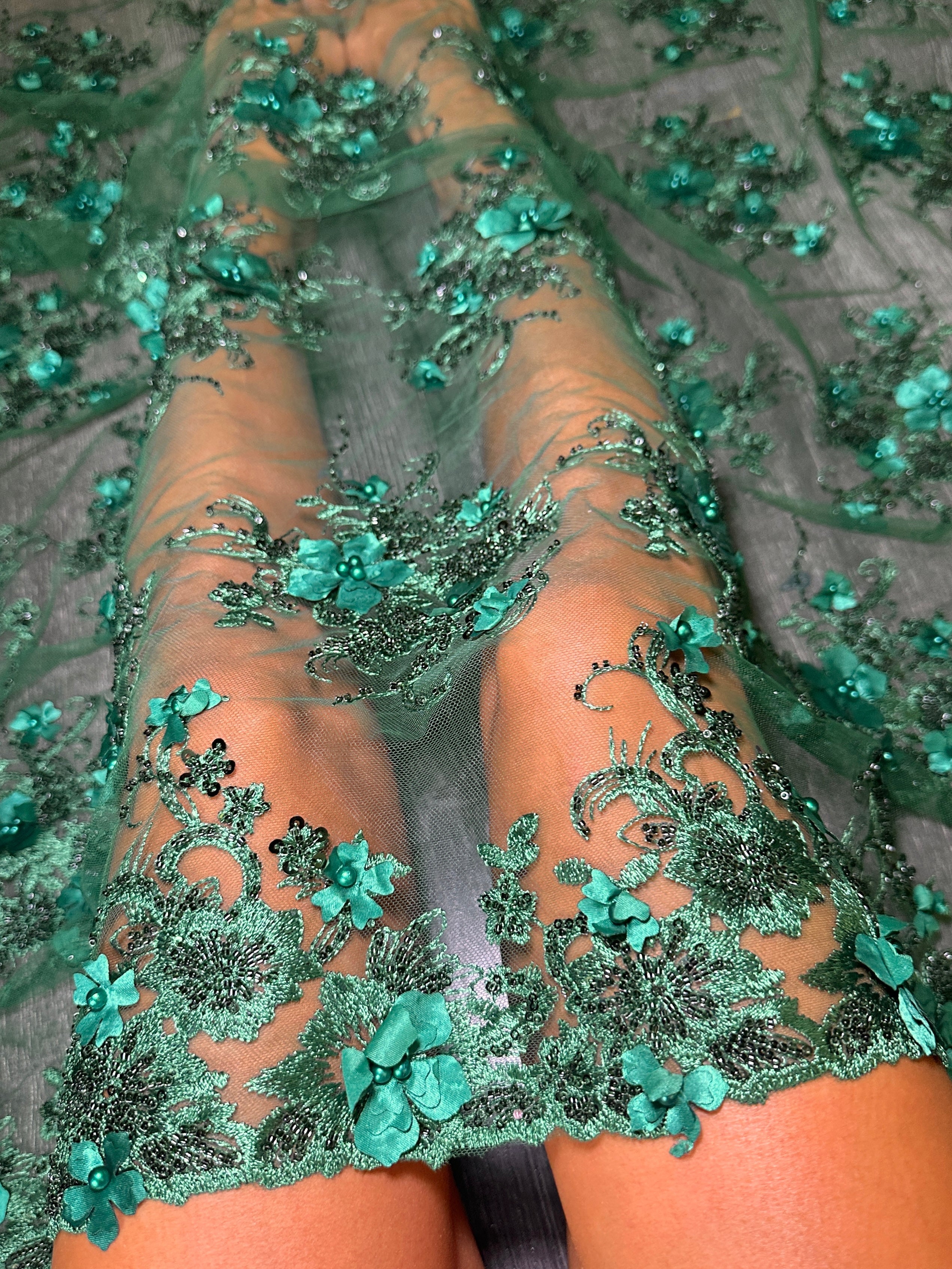 Emerald Green 3D Floral Embroidered Beaded Tulle Lace, Embroidered Lace, Beaded Tulle Lace, Tulle for Wedding Dress, Pearl Material, Tulle Fabric, Tulle Lace Dress Woman