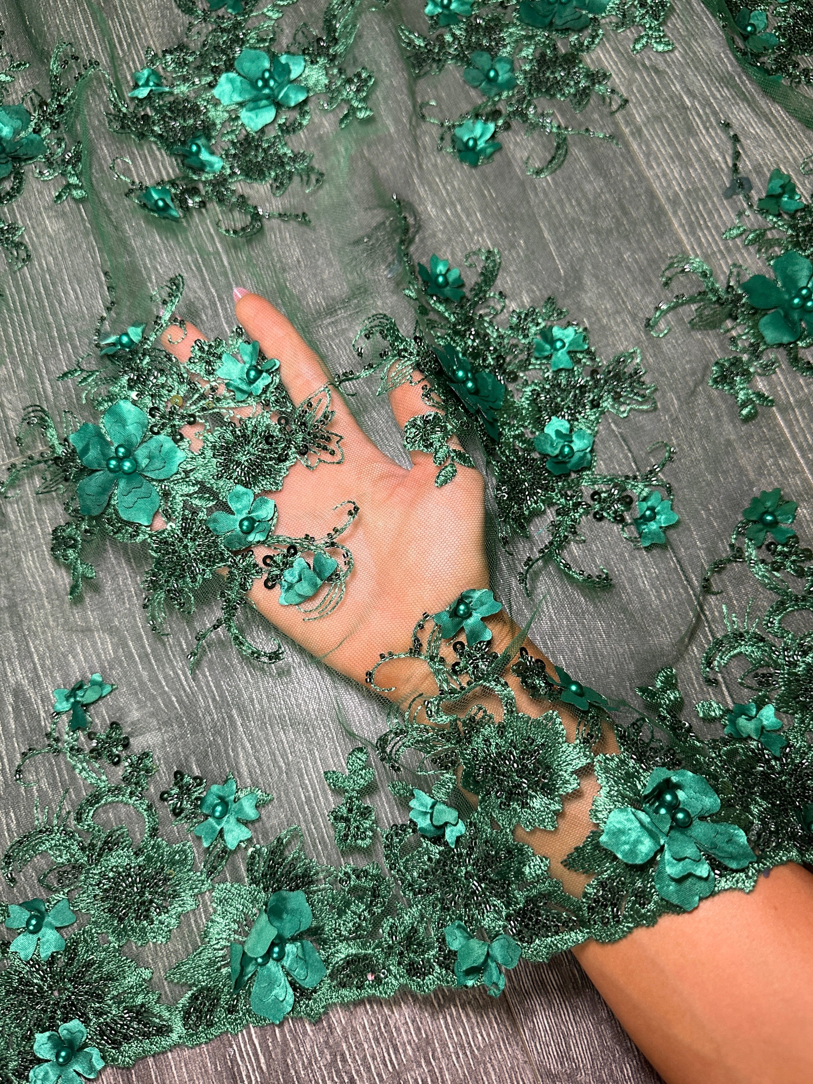 Emerald Green 3D Floral Embroidered Beaded Tulle Lace, Fabric Store, Sewing Store, Cheap Fabric Store, Kiki Textiles, Textile by the Yard
