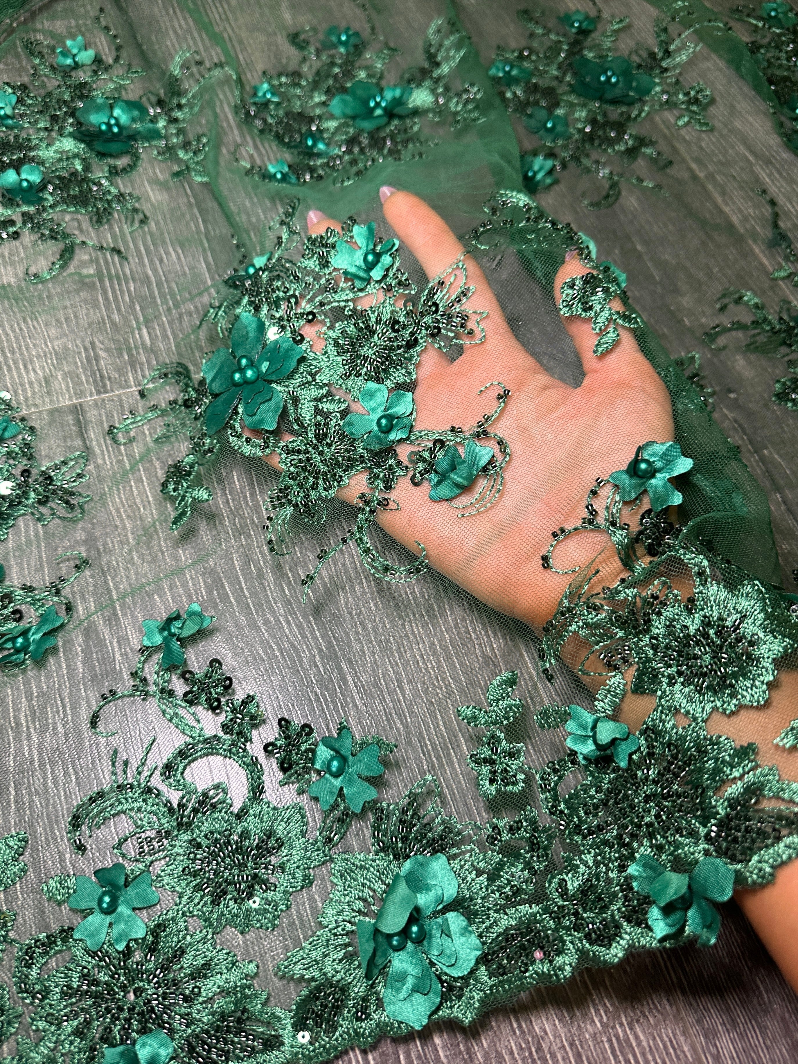 Emerald Green 3D Floral Embroidered Beaded Tulle Lace, Fabric Store, Sewing Store, Cheap Fabric Store, Kiki Textiles, Textile by the Yard