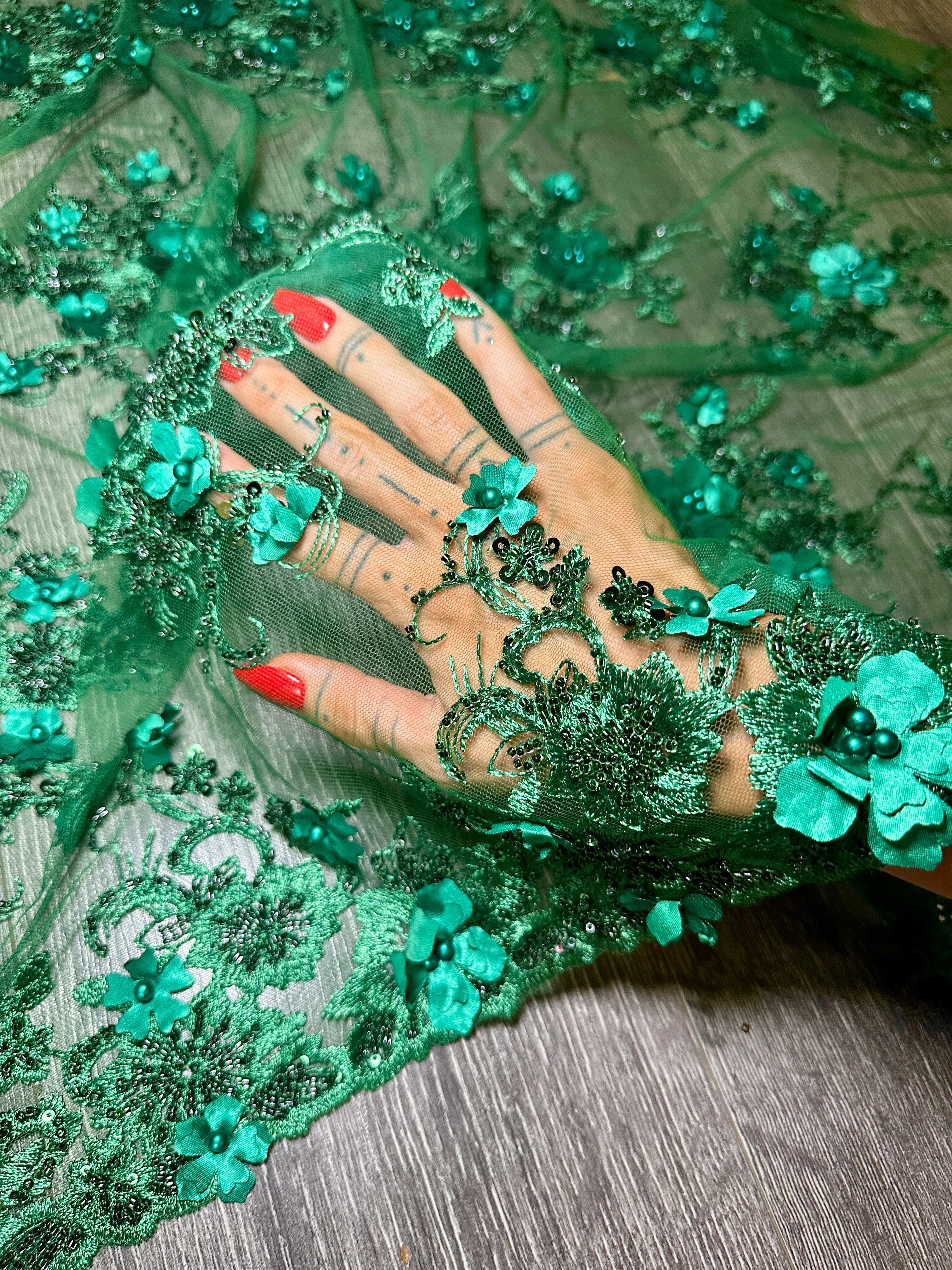 Emerald Green 3D Floral Embroidered Beaded Tulle Lace, Fabric Store, Sewing Store, Cheap Fabric Store, Kiki Textiles, Textile by the Yard