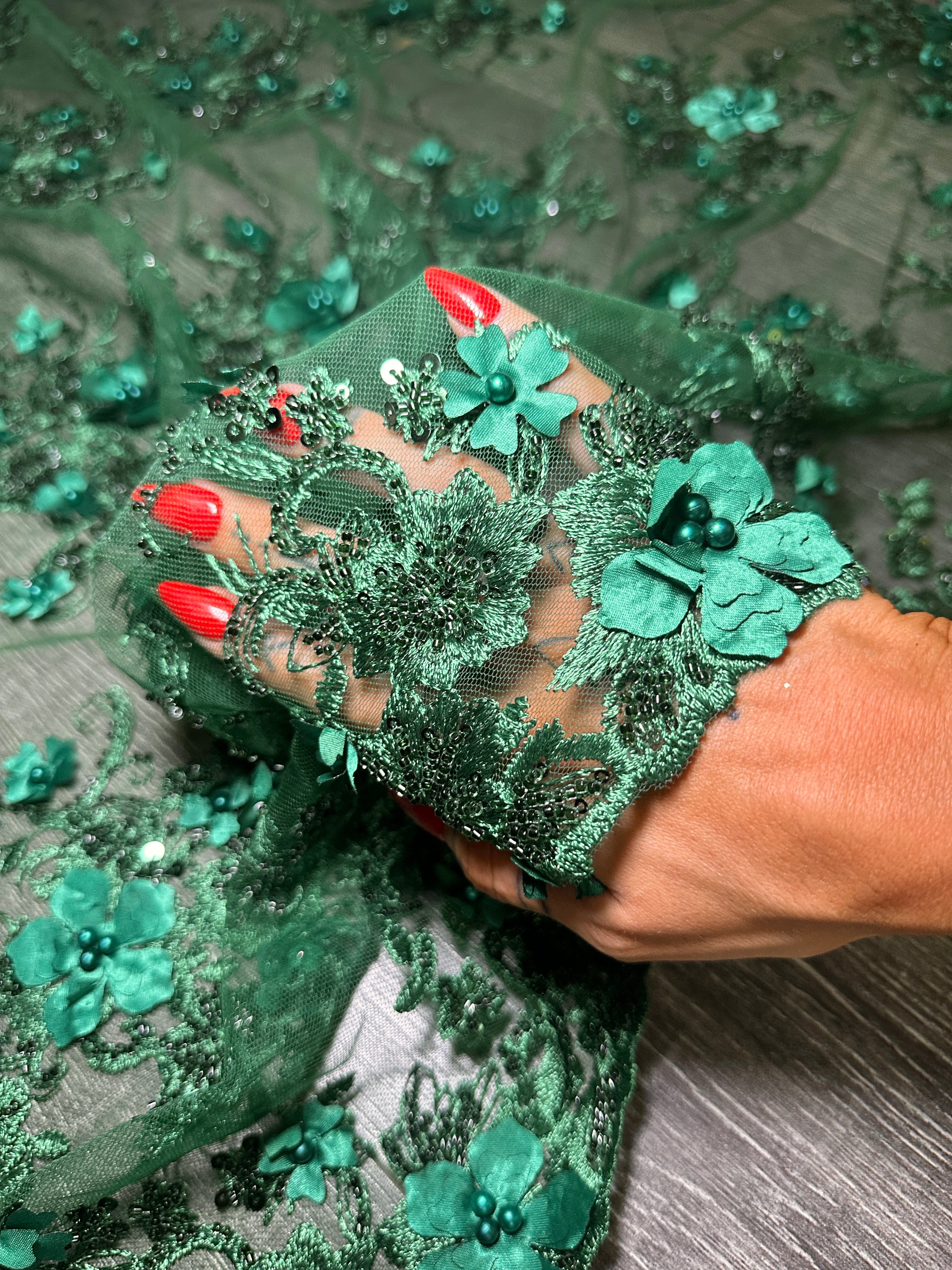 Emerald Green 3D Floral Embroidered Beaded Tulle Lace, Embroidered Lace, Beaded Tulle Lace, Tulle for Wedding Dress, Pearl Material, Tulle Fabric, Tulle Lace Dress Woman