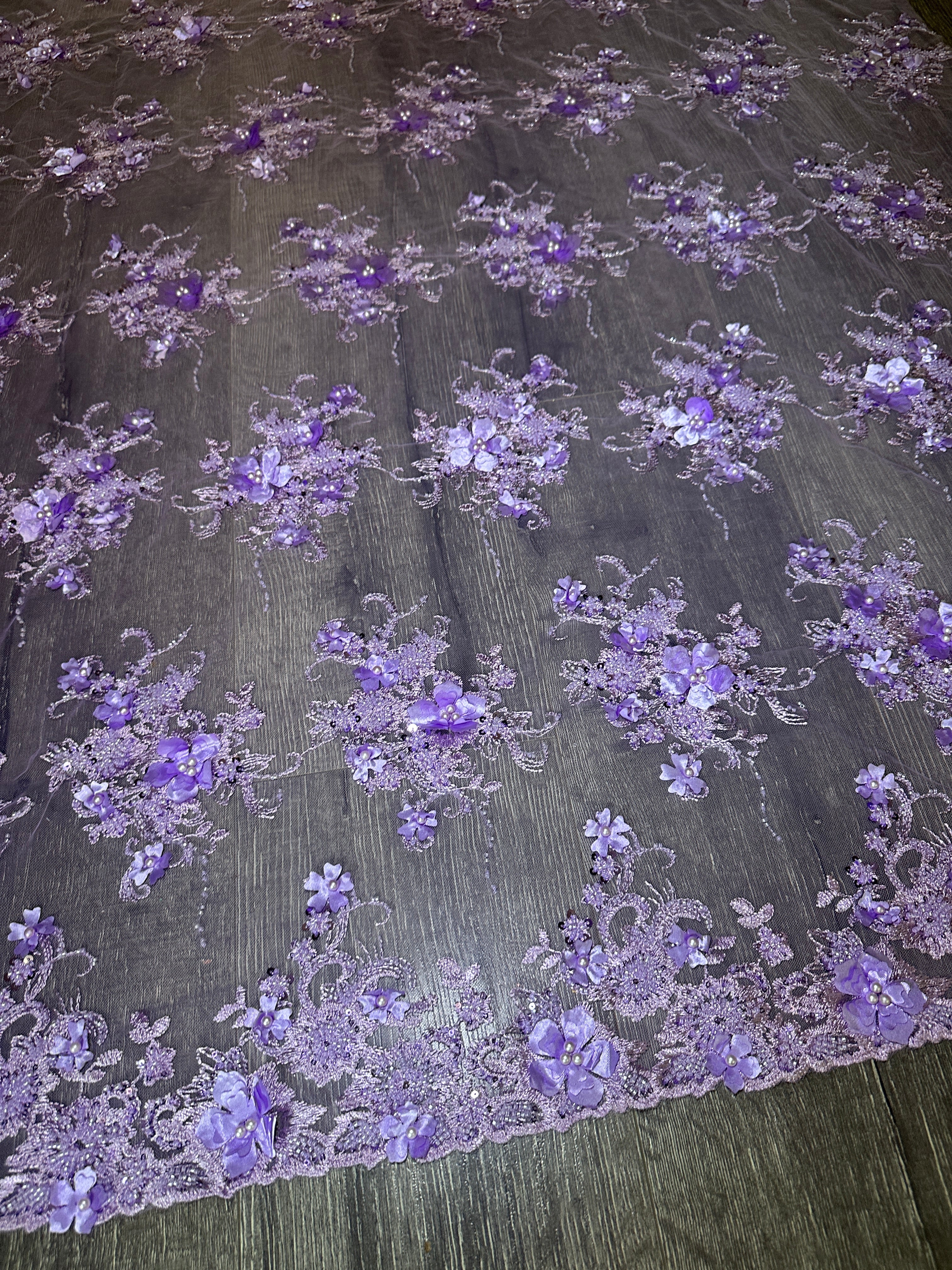 Lavender 3D Floral Embroidered Beaded Tulle Lace, Embroidered Lace, Beaded Tulle Lace, Tulle for Wedding Dress, Pearl Material, Tulle Fabric, Tulle Lace Dress Woman