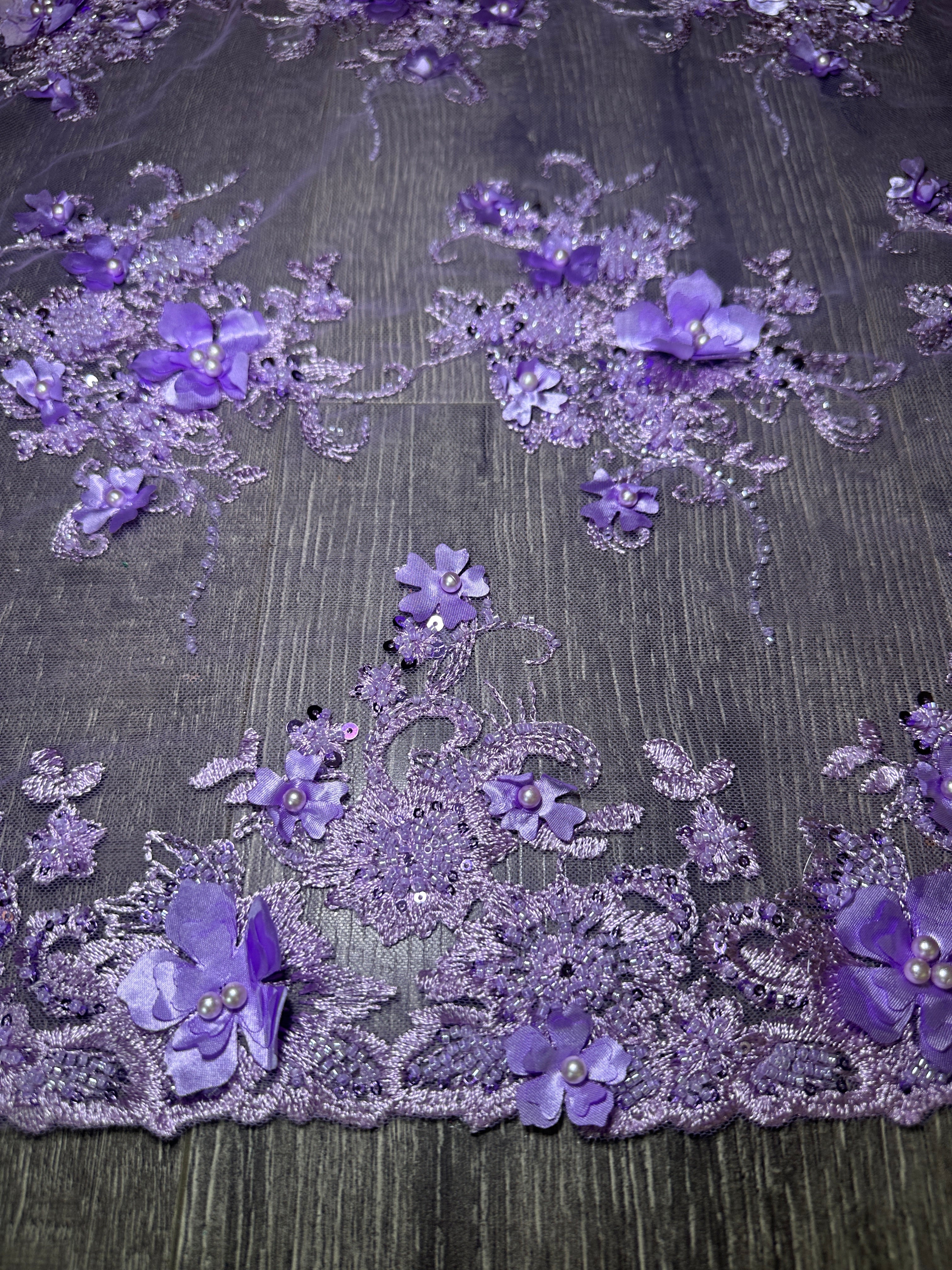 Lavender 3D Floral Embroidered Beaded Tulle Lace, Embroidered Lace, Beaded Tulle Lace, Tulle for Wedding Dress, Pearl Material, Tulle Fabric, Tulle Lace Dress Woman