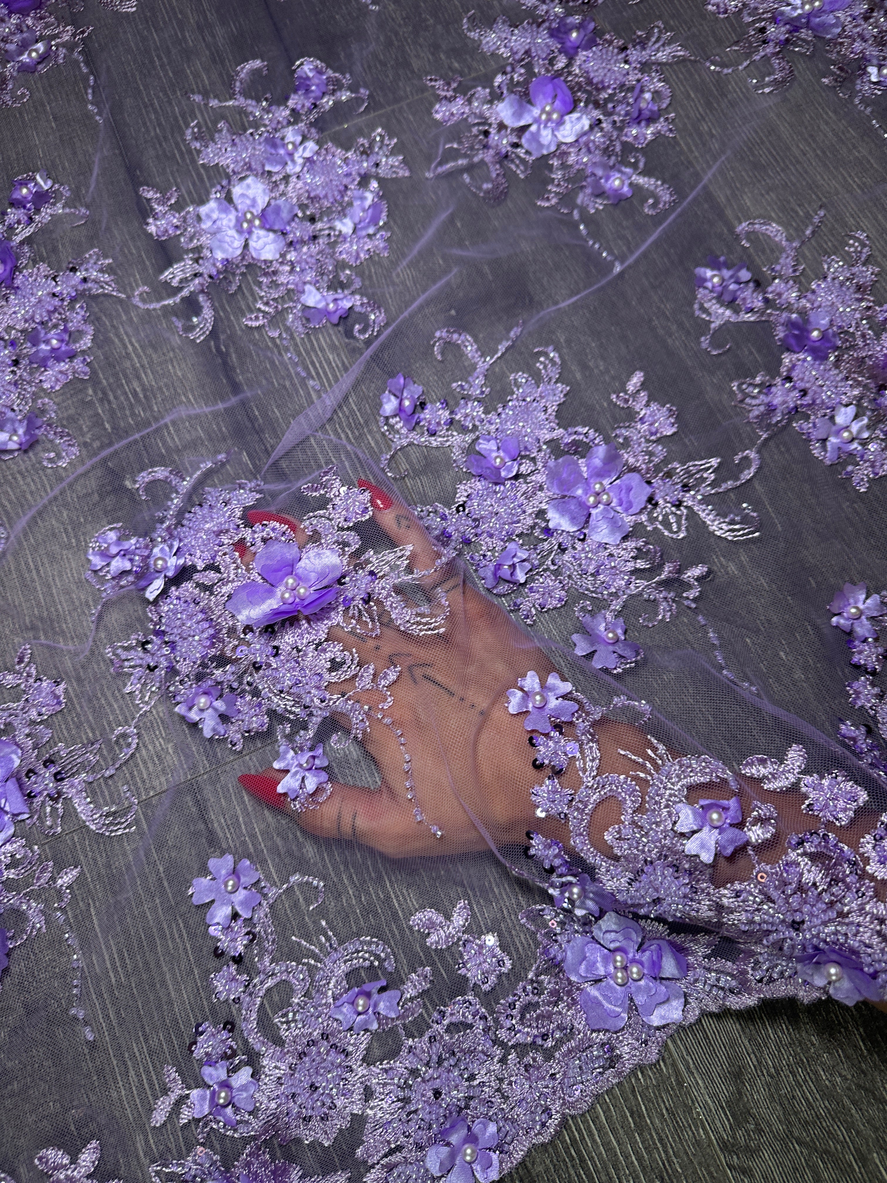 Lavender 3D Floral Embroidered Beaded Tulle Lace, Fabric Store, Sewing Store, Cheap Fabric Store, Kiki Textiles, Textile by the Yard