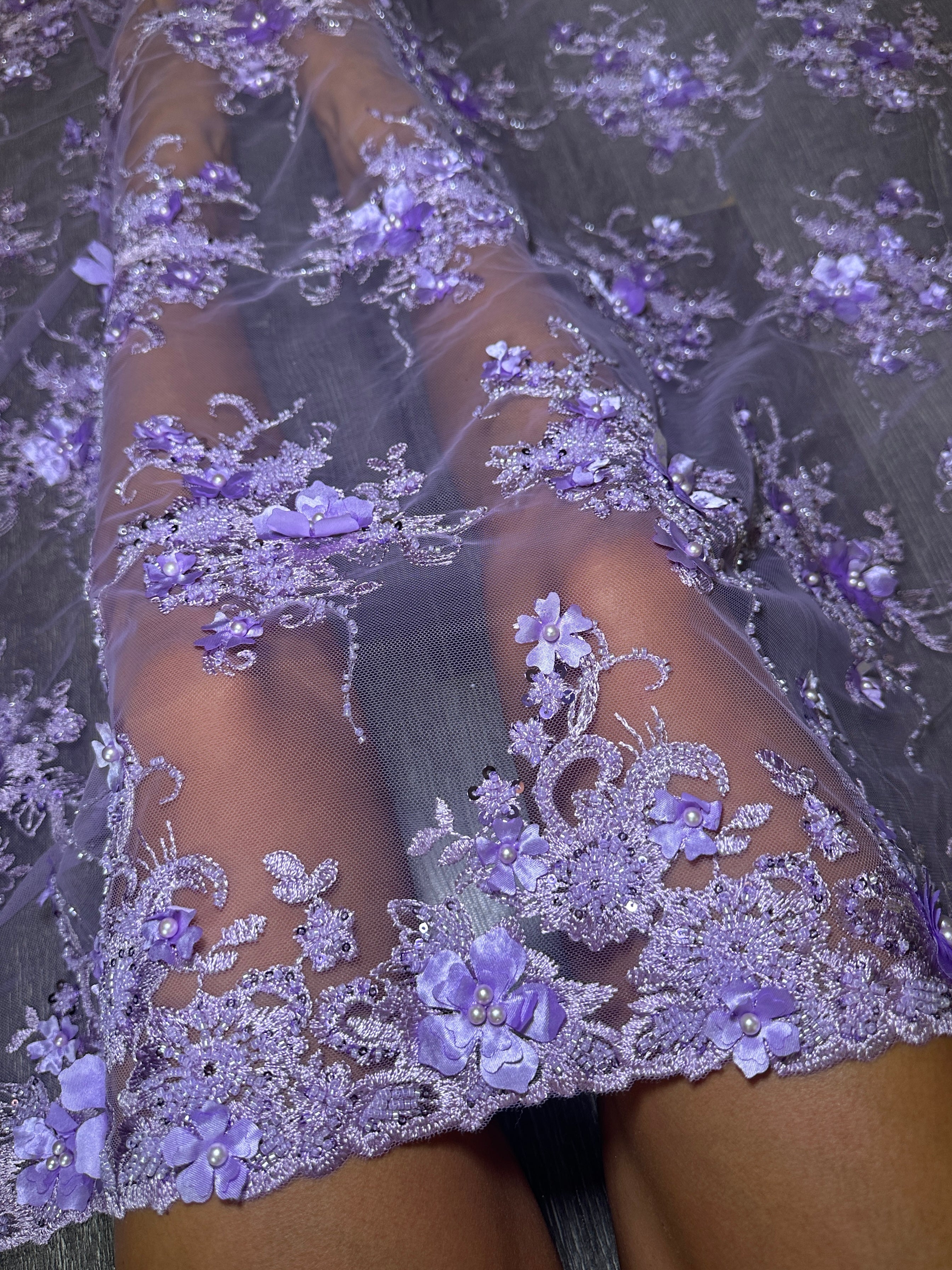 Lavender 3D Floral Embroidered Beaded Tulle Lace, Fabric Store, Sewing Store, Cheap Fabric Store, Kiki Textiles, Textile by the Yard