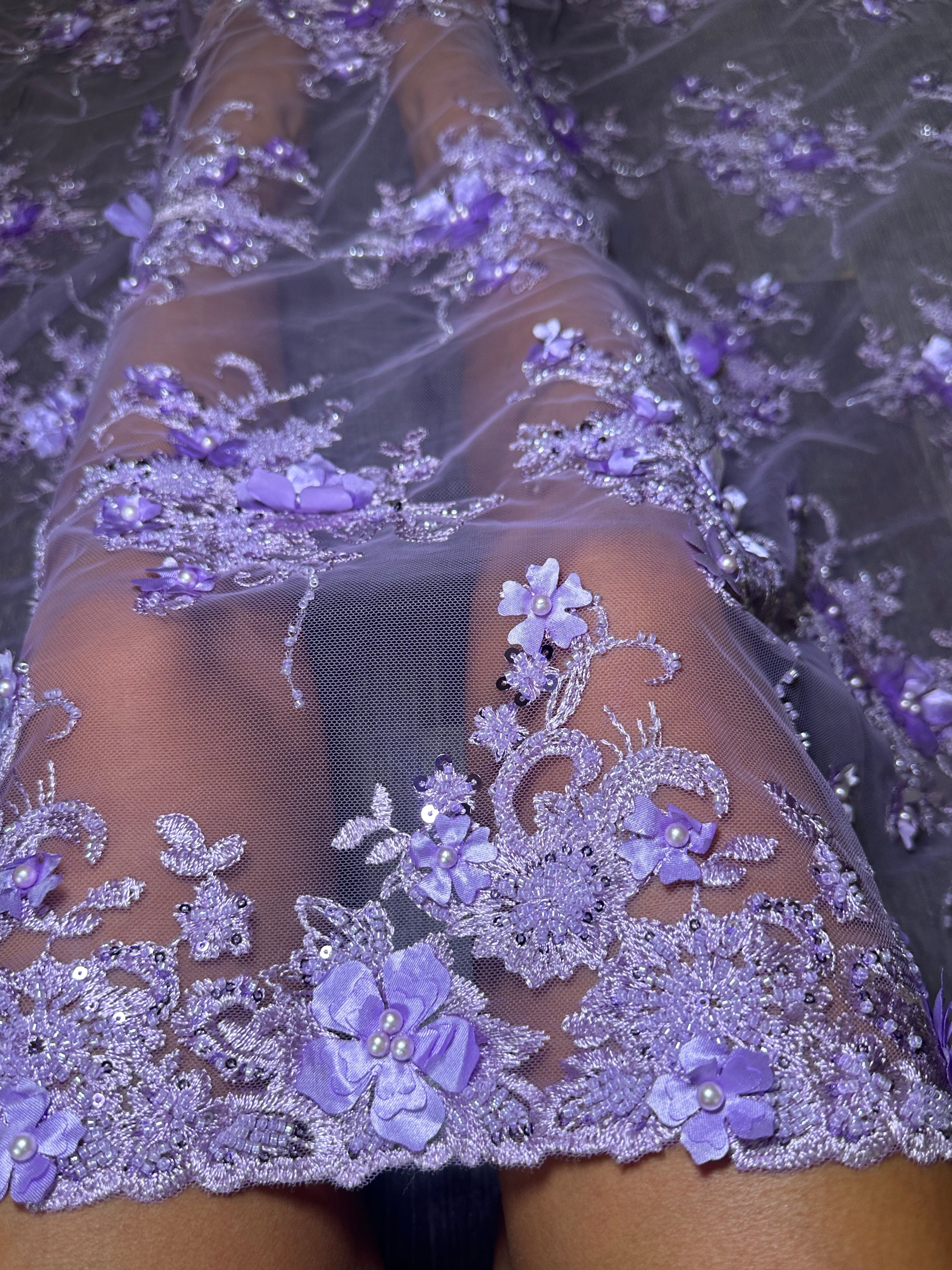 Lavender 3D Floral Embroidered Beaded Tulle Lace, Embroidered Lace, Beaded Tulle Lace, Tulle for Wedding Dress, Pearl Material, Tulle Fabric, Tulle Lace Dress Woman