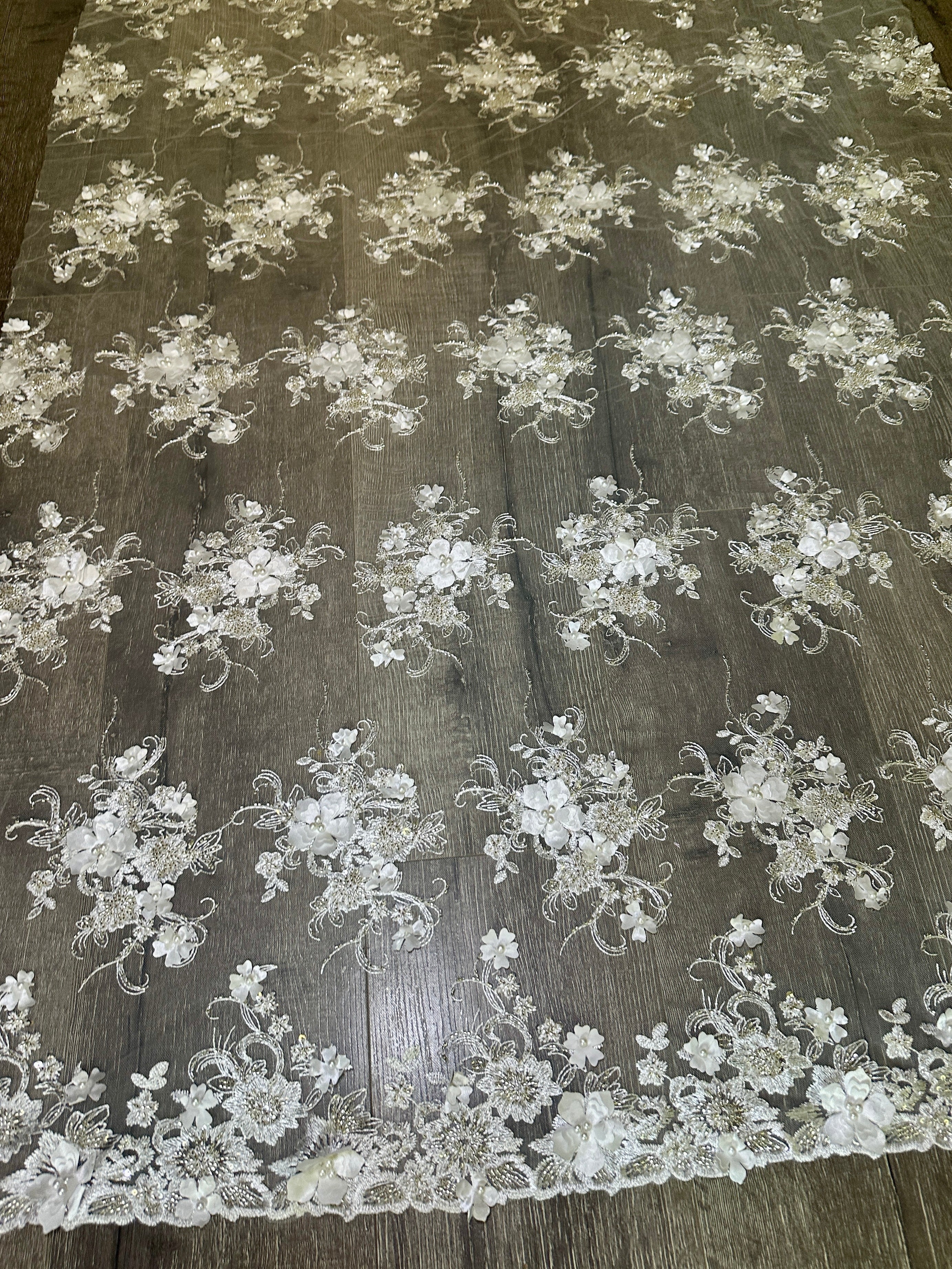 White 3D Floral Embroidered Beaded Tulle Lace, Embroidered Lace, Beaded Tulle Lace, Tulle for Wedding Dress, Pearl Material, Tulle Fabric, Tulle Lace Dress Woman