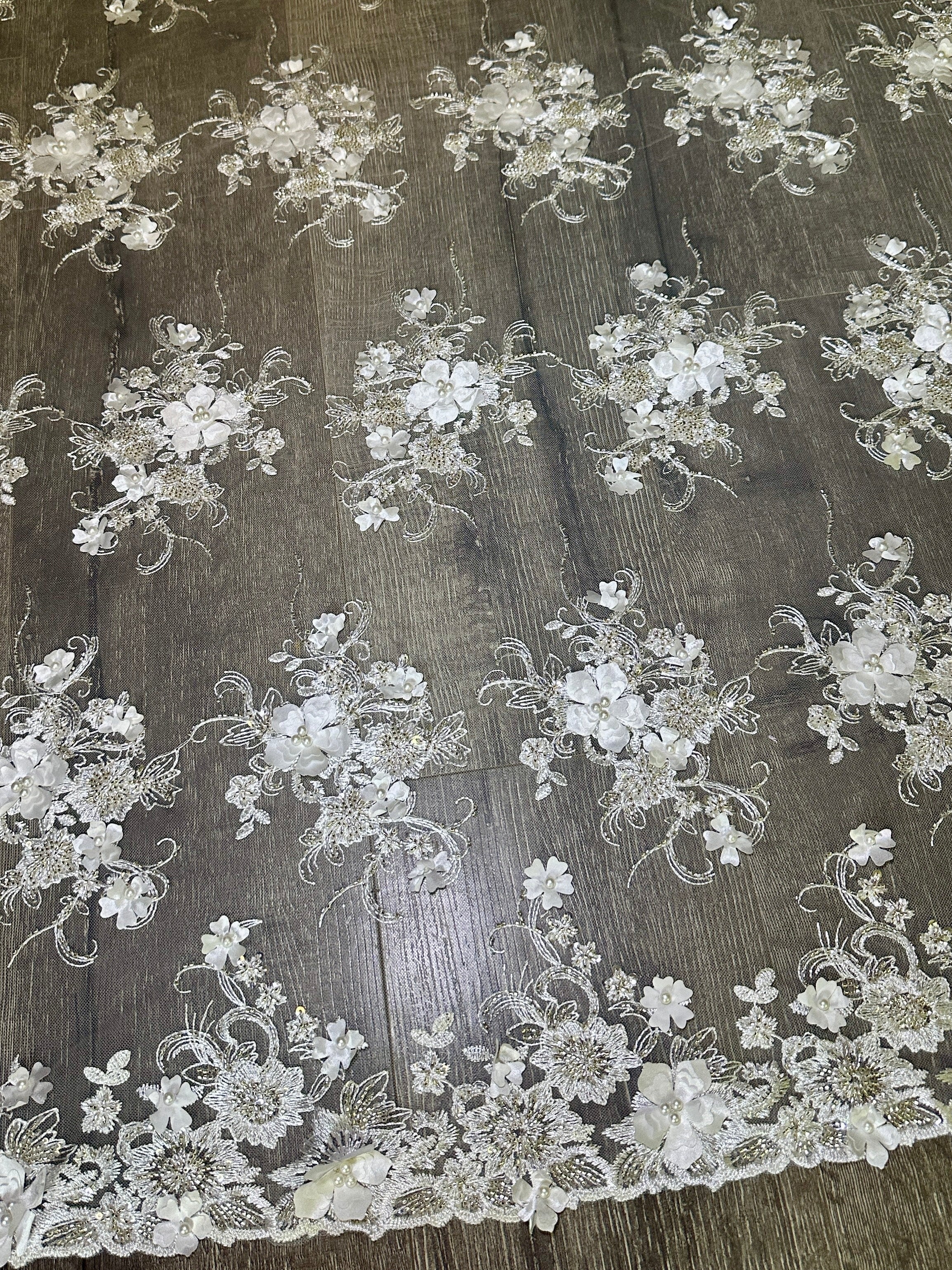 White 3D Floral Embroidered Beaded Tulle Lace, Fabric Store, Sewing Store, Cheap Fabric Store, Kiki Textiles, Textile by the Yard