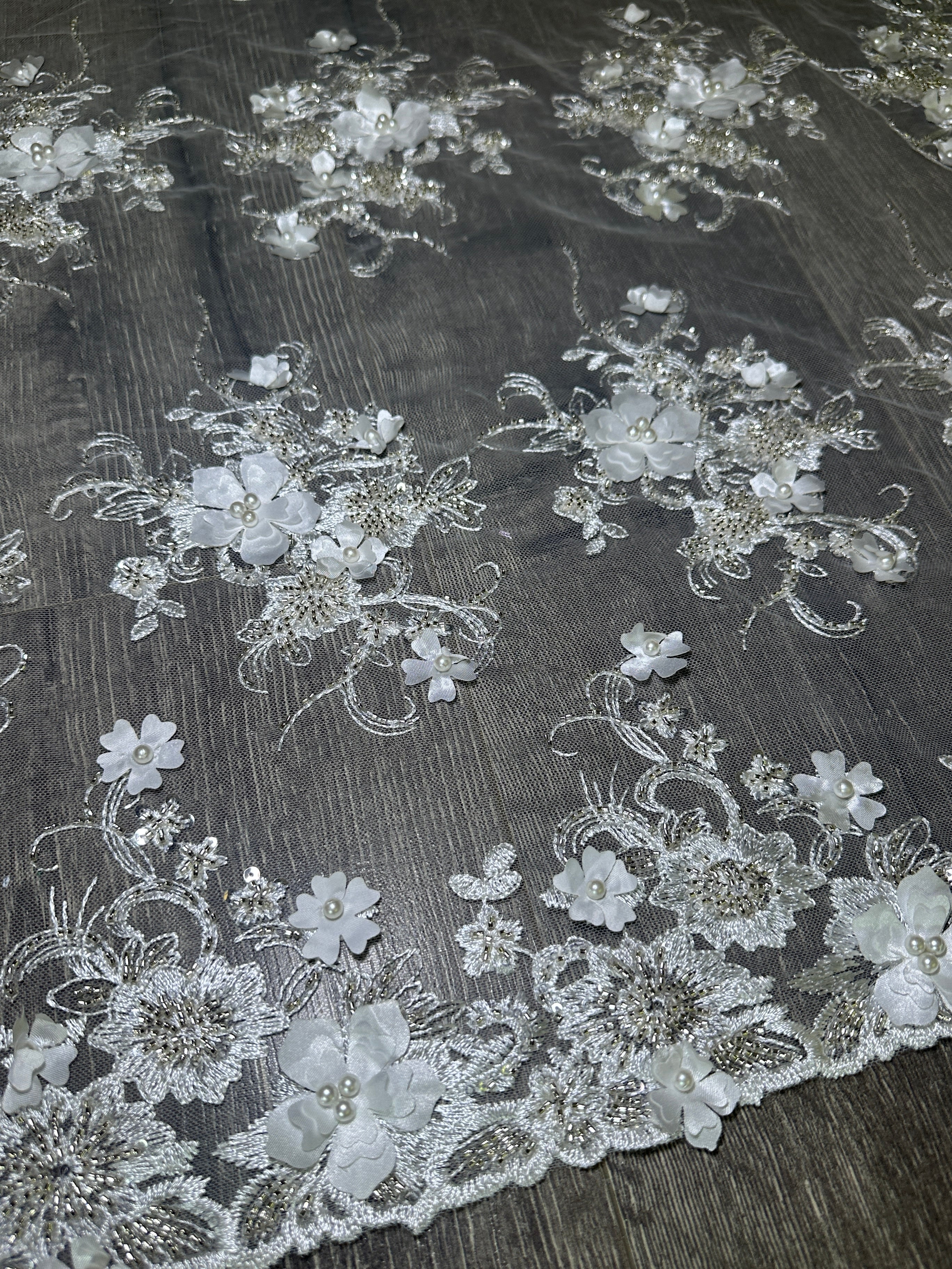White 3D Floral Embroidered Beaded Tulle Lace, Embroidered Lace, Beaded Tulle Lace, Tulle for Wedding Dress, Pearl Material, Tulle Fabric, Tulle Lace Dress Woman