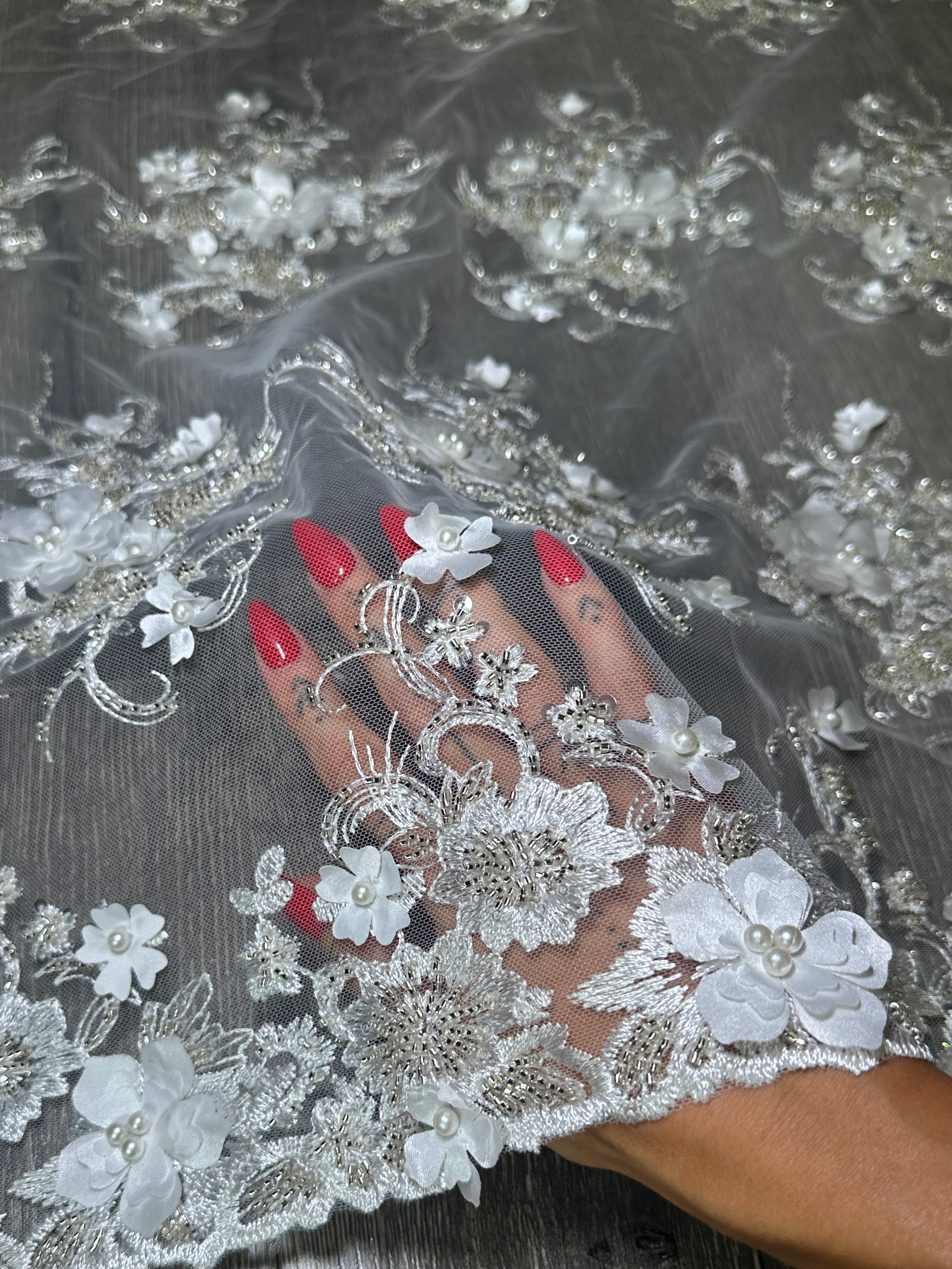 White 3D Floral Embroidered Beaded Tulle Lace, Fabric Store, Sewing Store, Cheap Fabric Store, Kiki Textiles, Textile by the Yard
