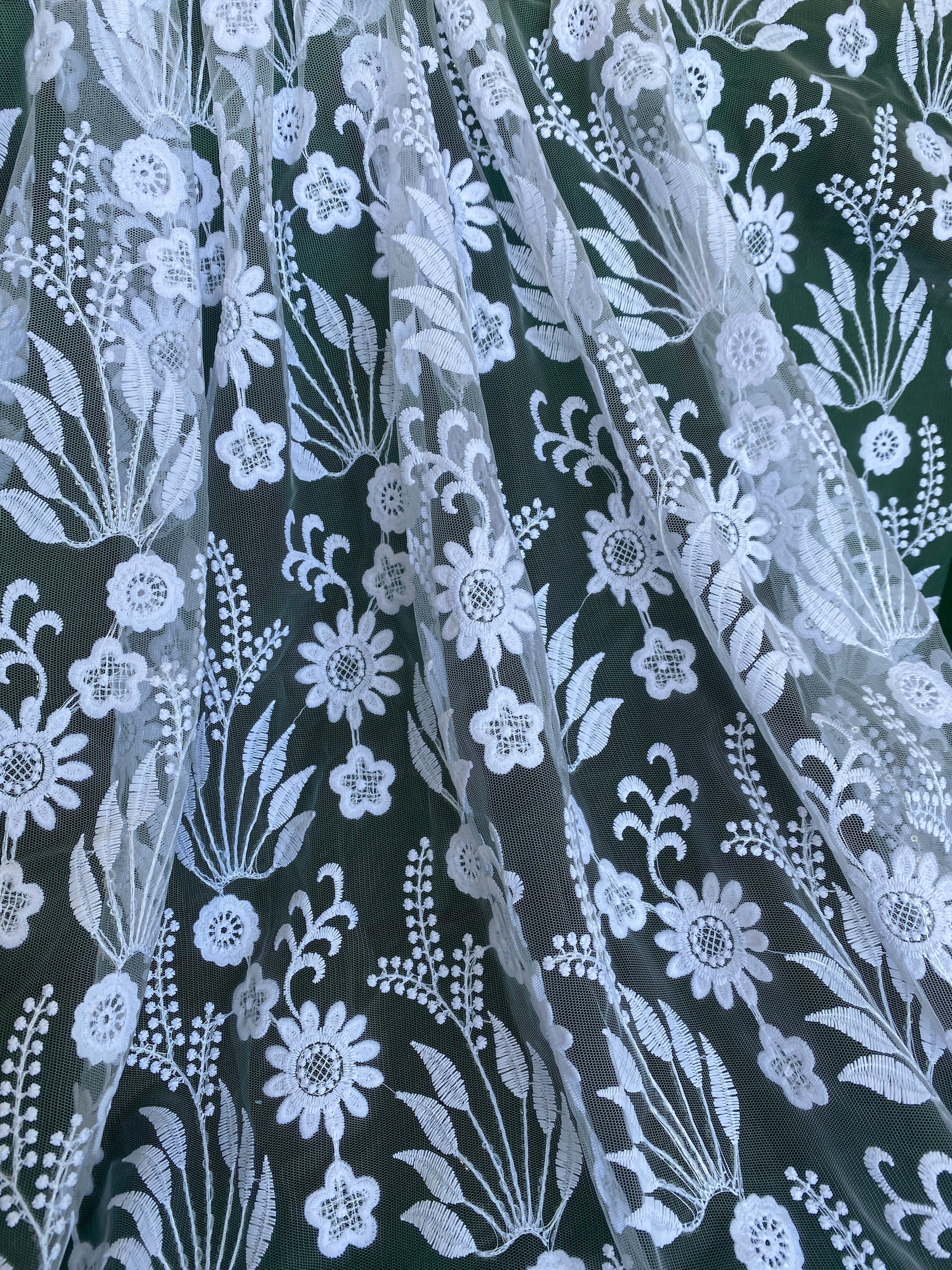 White Floral Embroidered Lace, off white Embroidered Lace for gown, Bridal Lace Fabric, Scalloped lace, Floral Lace double edged, lace fabric on discount, lace fabric on sale, premium lace fabric, buy lace fabric online, glitter lace fabric