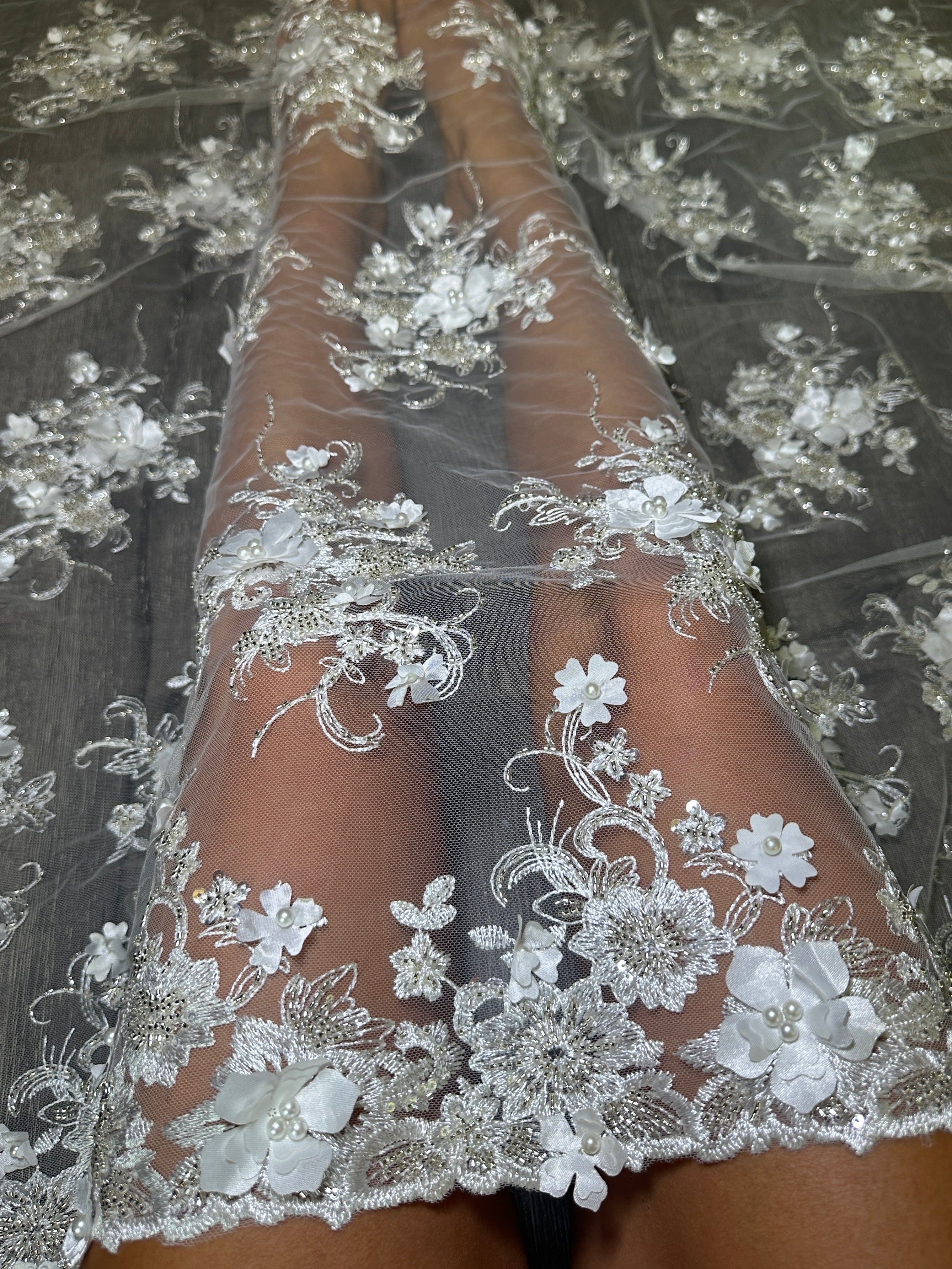 White 3D Floral Embroidered Beaded Tulle Lace, Fabric Store, Sewing Store, Cheap Fabric Store, Kiki Textiles, Textile by the Yard