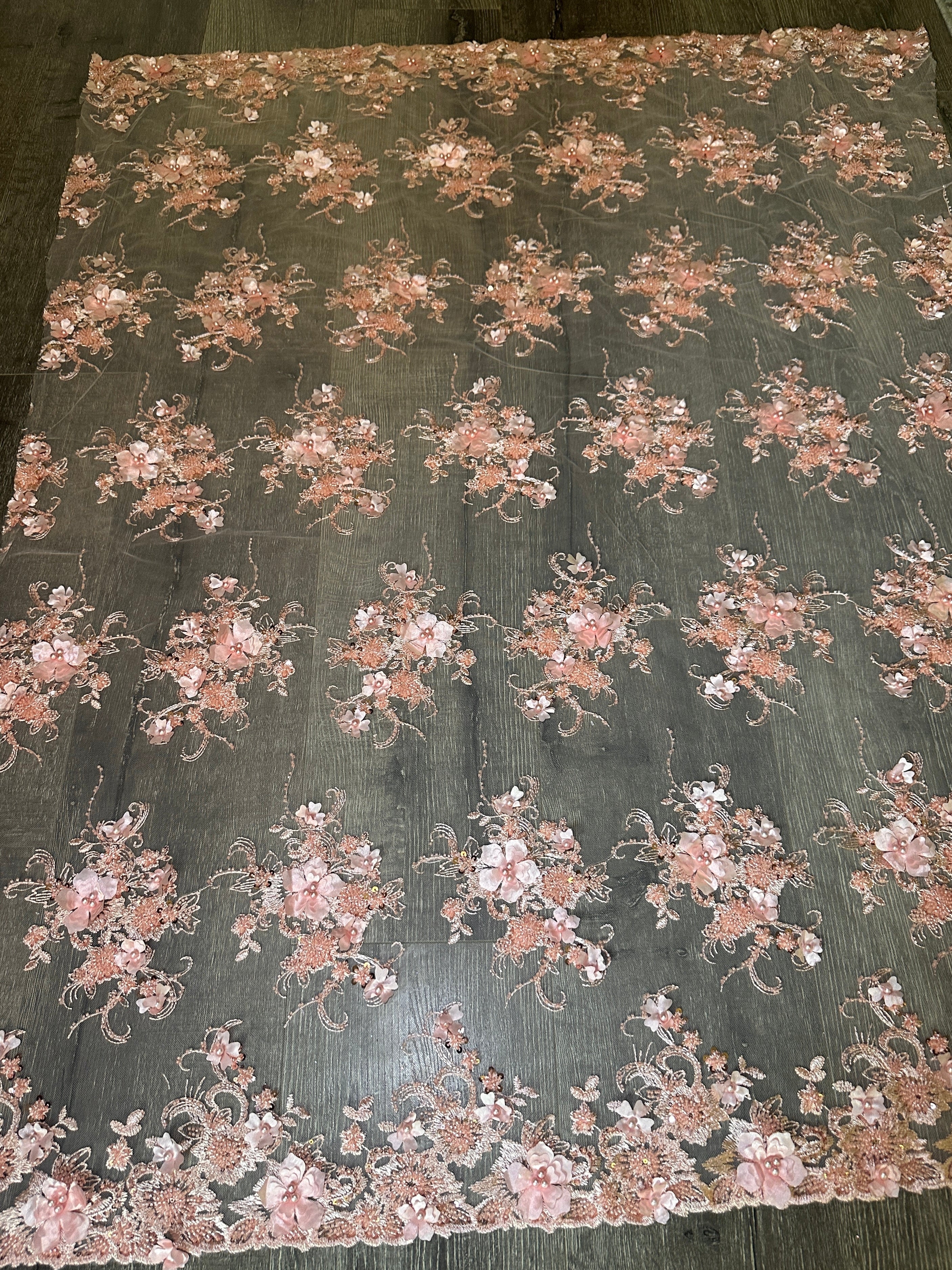 Peach 3D Floral Embroidered Beaded Tulle Lace, Embroidered Lace, Beaded Tulle Lace, Tulle for Wedding Dress, Pearl Material, Tulle Fabric, Tulle Lace Dress Woman