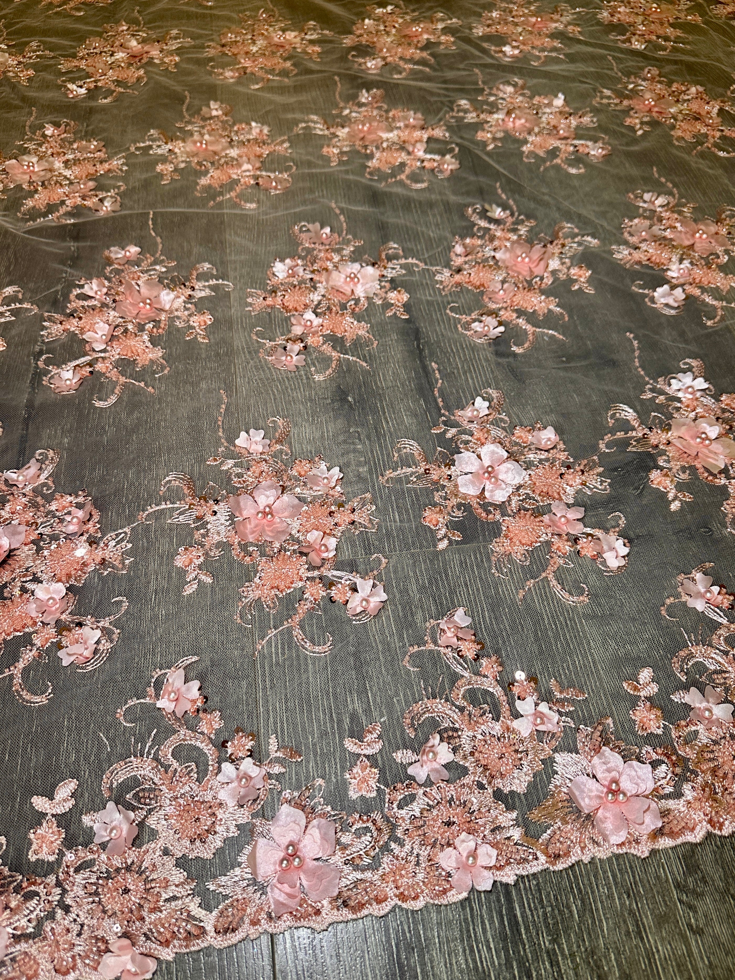 Peach 3D Floral Embroidered Beaded Tulle Lace, Embroidered Lace, Beaded Tulle Lace, Tulle for Wedding Dress, Pearl Material, Tulle Fabric, Tulle Lace Dress Woman