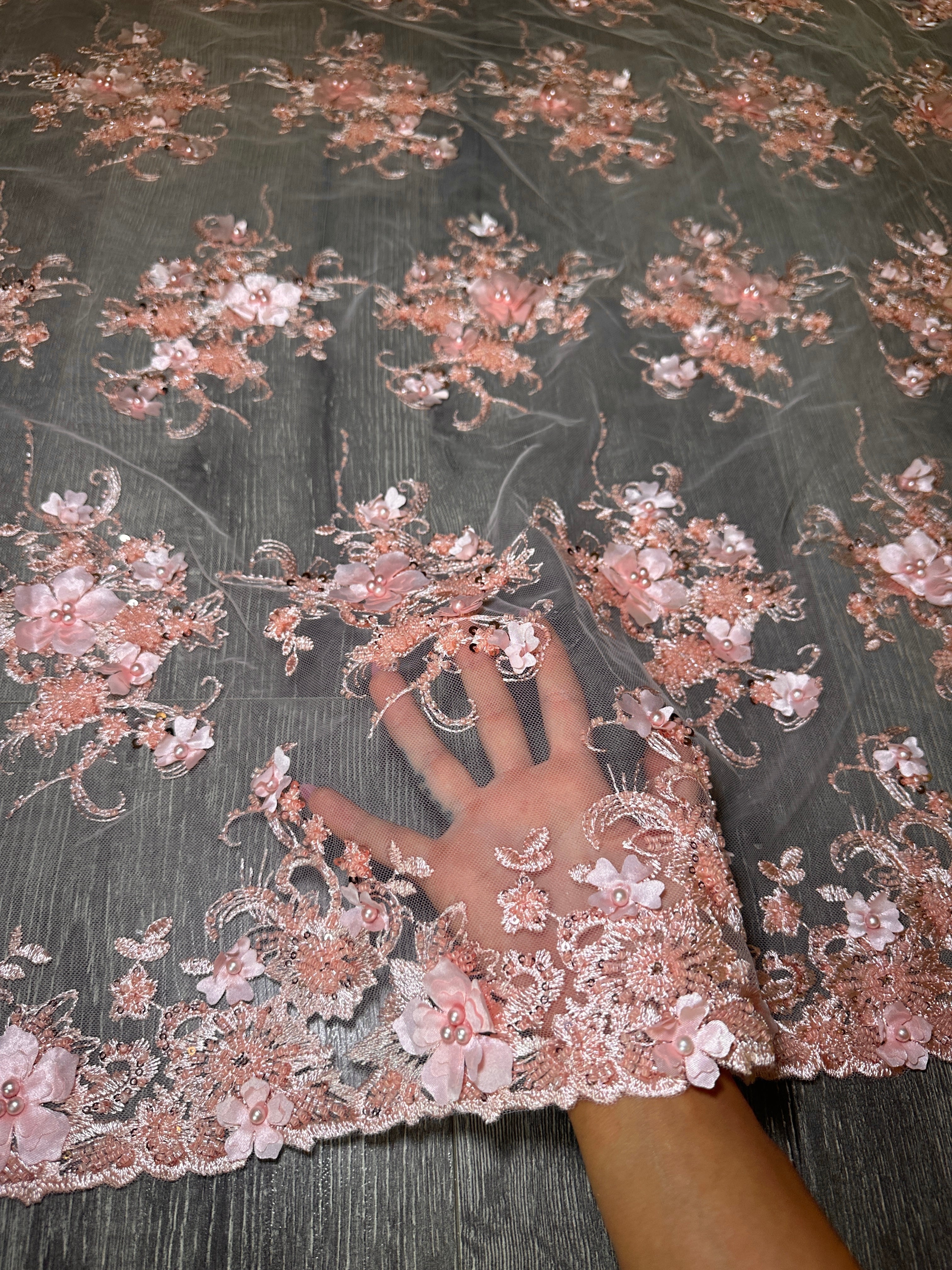 Peach 3D Floral Embroidered Beaded Tulle Lace, Embroidered Lace, Beaded Tulle Lace, Tulle for Wedding Dress, Pearl Material, Tulle Fabric, Tulle Lace Dress Woman