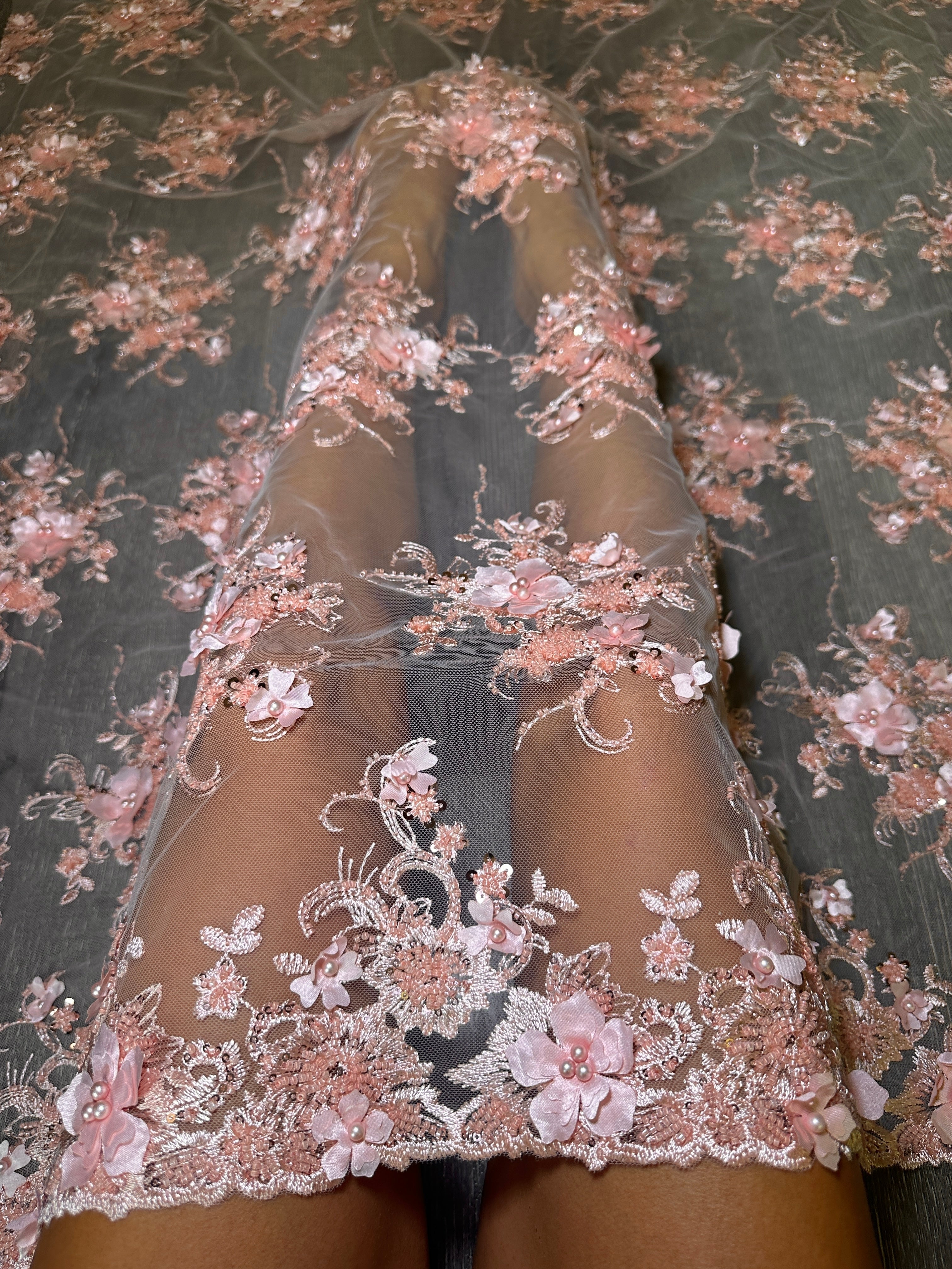 Peach 3D Floral Embroidered Beaded Tulle Lace, Fabric Store, Sewing Store, Cheap Fabric Store, Kiki Textiles, Textile by the Yard