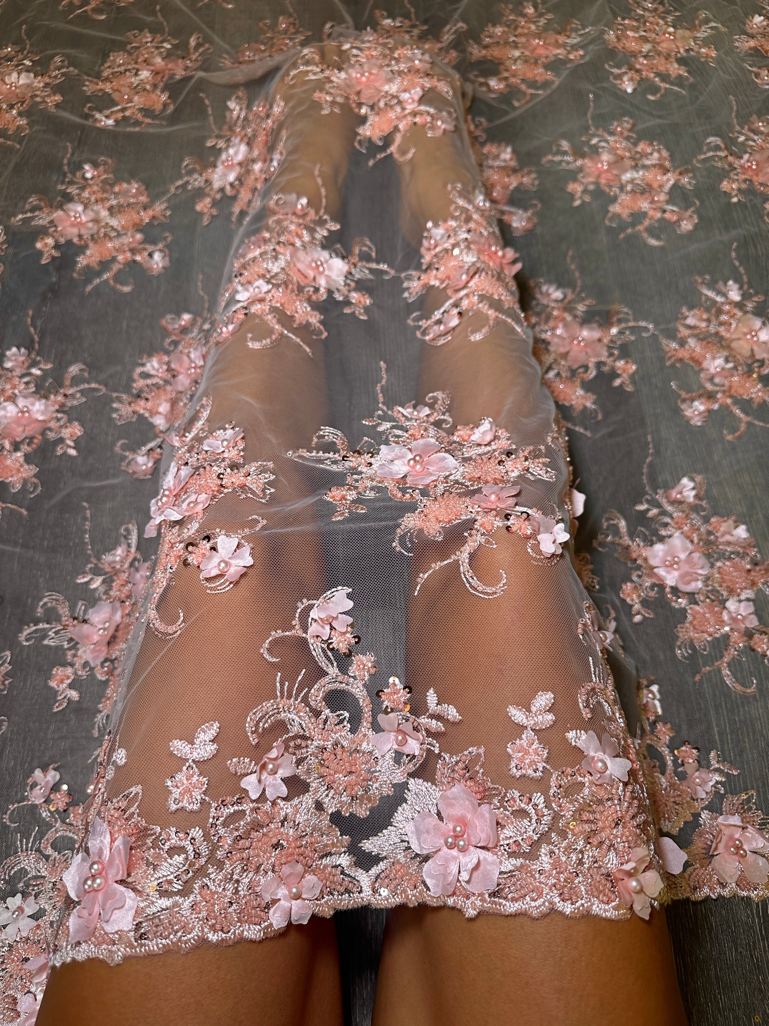 Peach 3D Floral Embroidered Beaded Tulle Lace, Embroidered Lace, Beaded Tulle Lace, Tulle for Wedding Dress, Pearl Material, Tulle Fabric, Tulle Lace Dress Woman