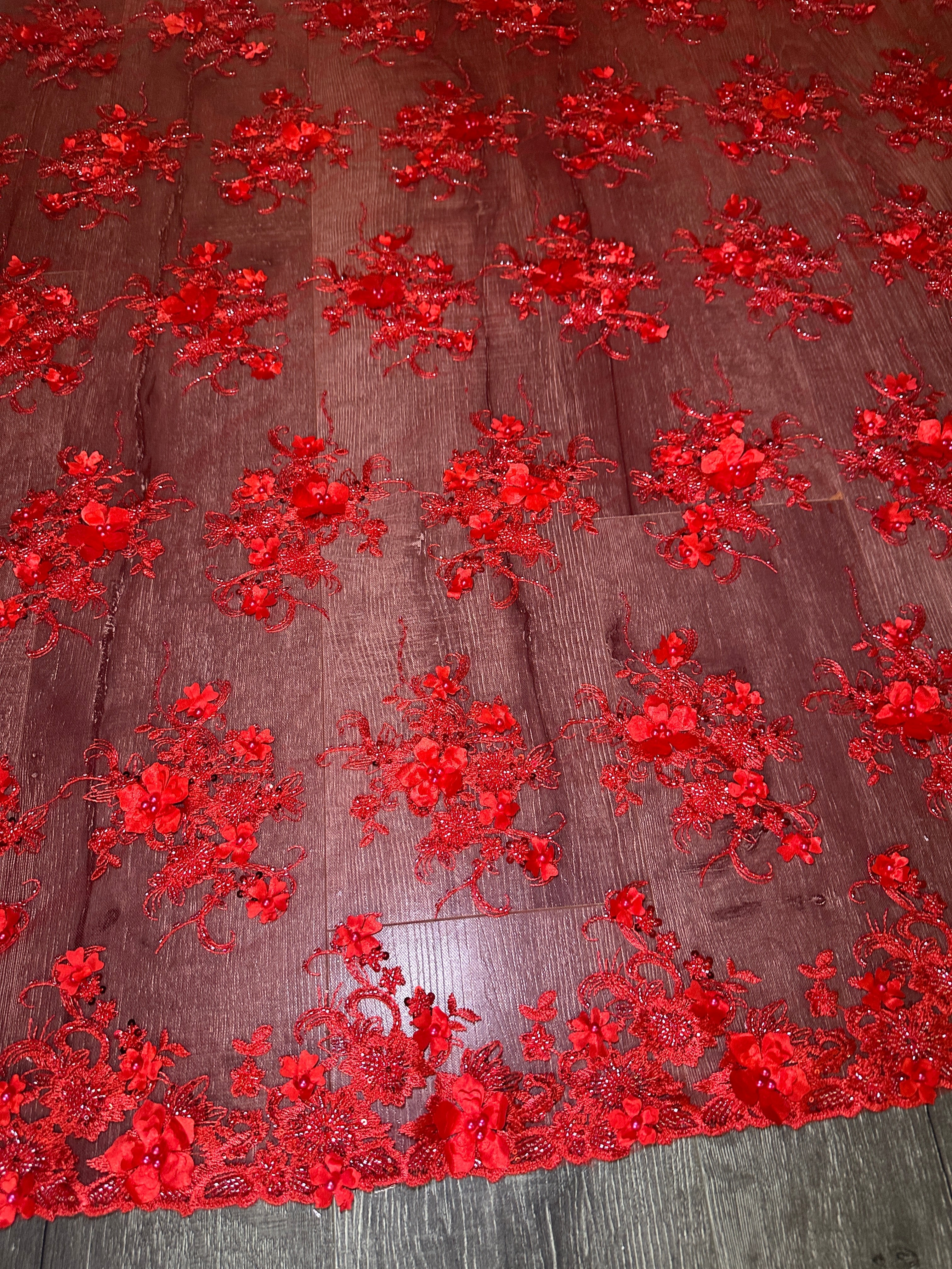 Red 3D Floral Embroidered Beaded Tulle Lace, Fabric Store, Sewing Store, Cheap Fabric Store, Kiki Textiles, Textile by the Yard