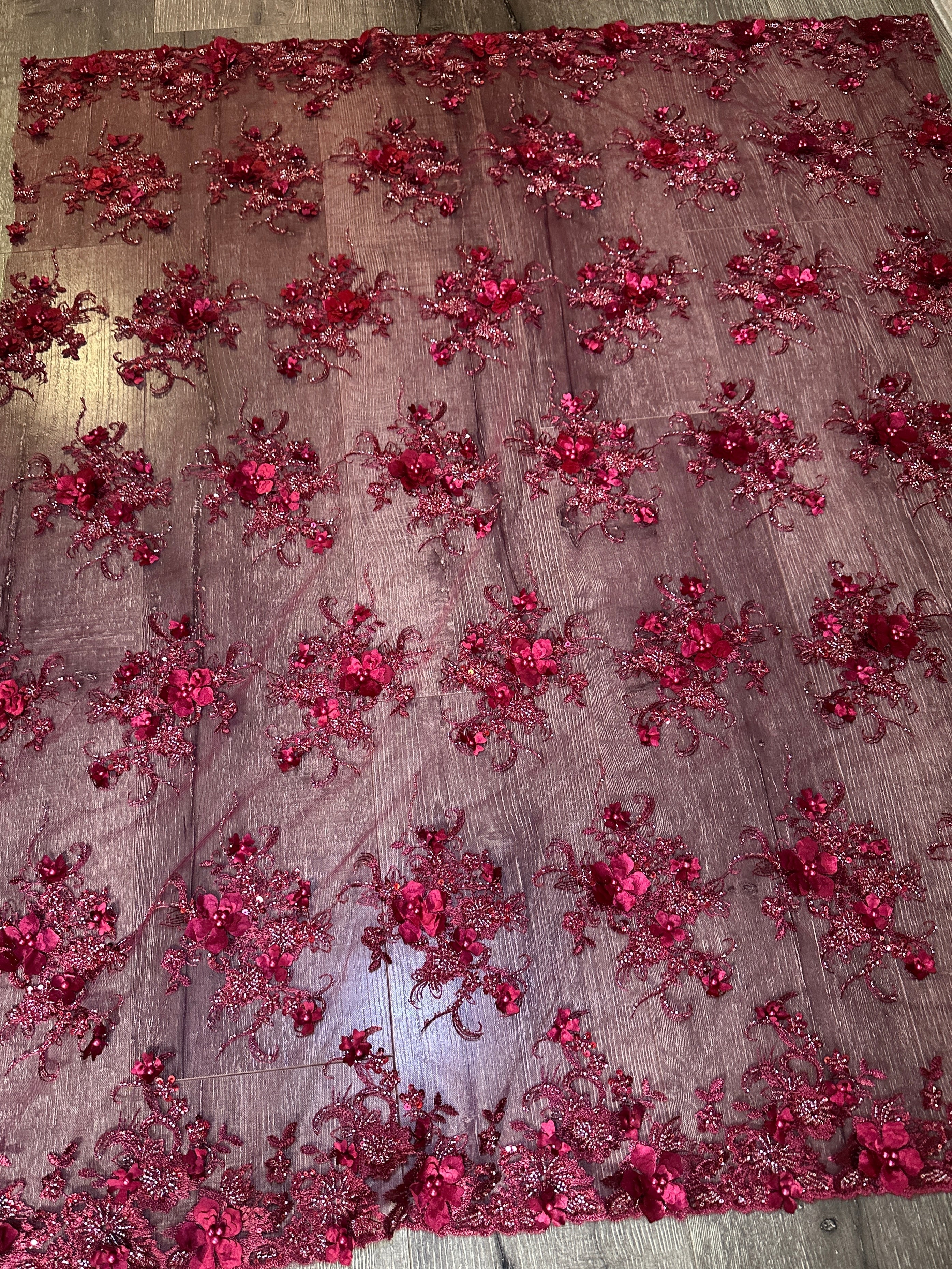 Burgundy 3D Floral Embroidered Beaded Tulle Lace, Embroidered Lace, Beaded Tulle Lace, Tulle for Wedding Dress, Pearl Material, Tulle Fabric, Tulle Lace Dress Woman