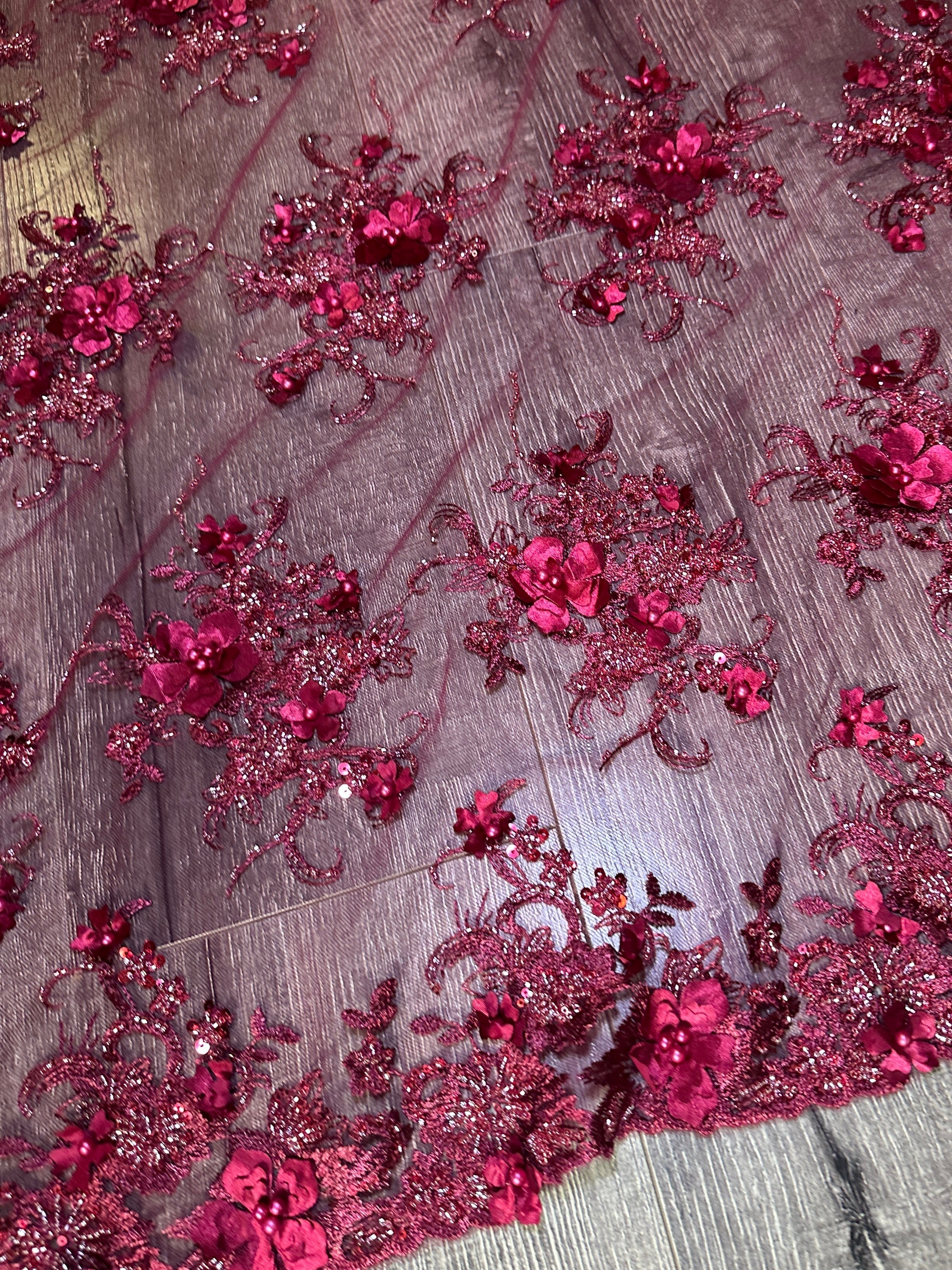 Burgundy 3D Floral Embroidered Beaded Tulle Lace, Fabric Store, Sewing Store, Cheap Fabric Store, Kiki Textiles, Textile by the Yard