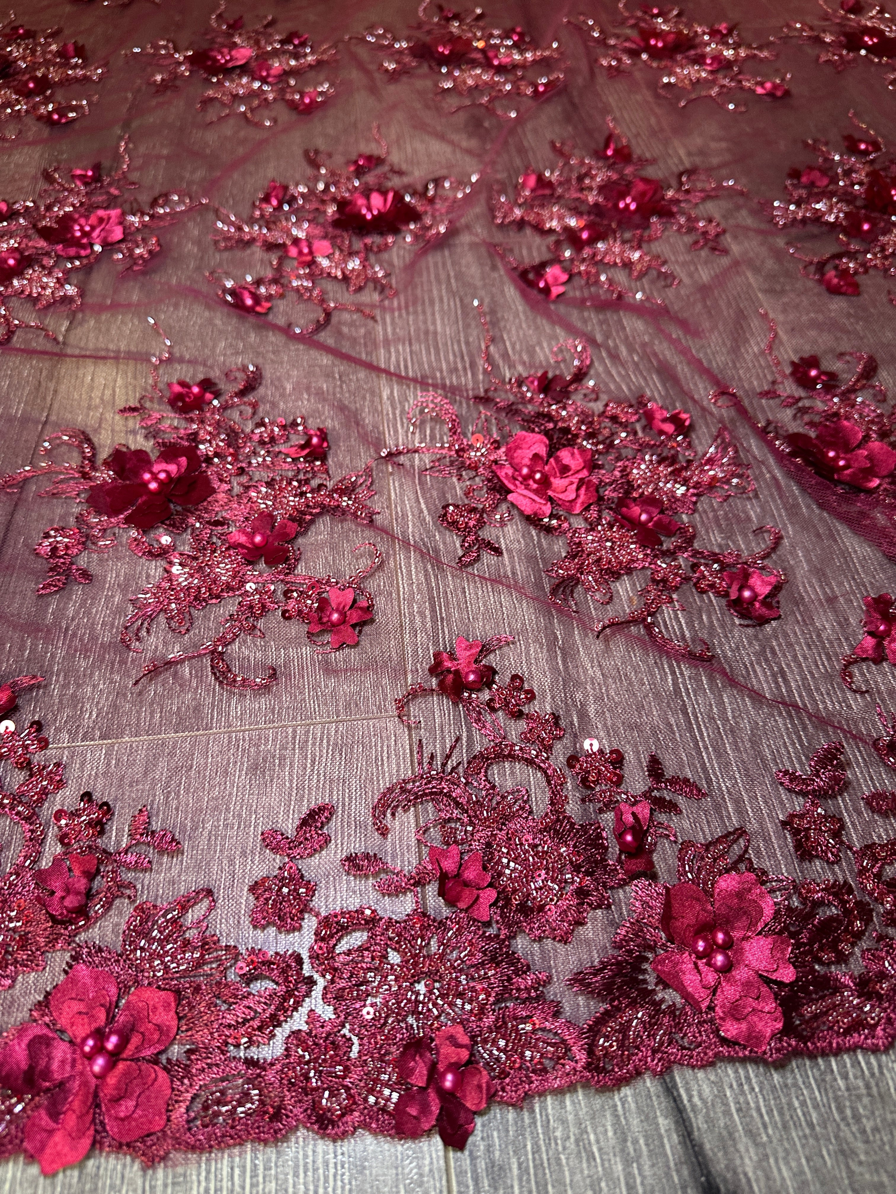 Burgundy 3D Floral Embroidered Beaded Tulle Lace, Fabric Store, Sewing Store, Cheap Fabric Store, Kiki Textiles, Textile by the Yard