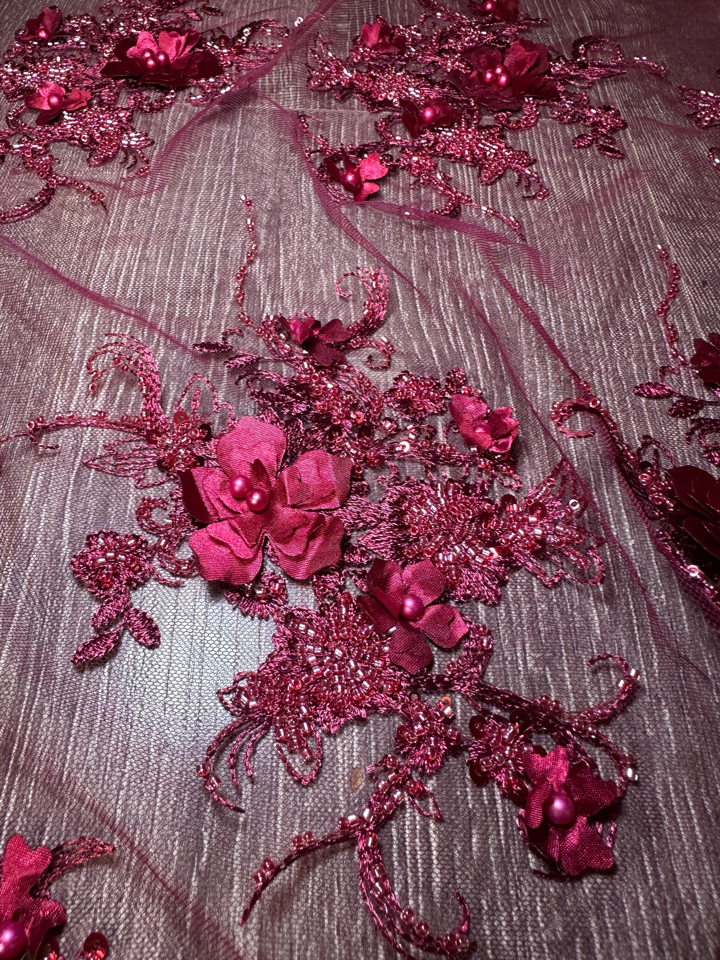 Burgundy 3D Floral Embroidered Beaded Tulle Lace, Embroidered Lace, Beaded Tulle Lace, Tulle for Wedding Dress, Pearl Material, Tulle Fabric, Tulle Lace Dress Woman