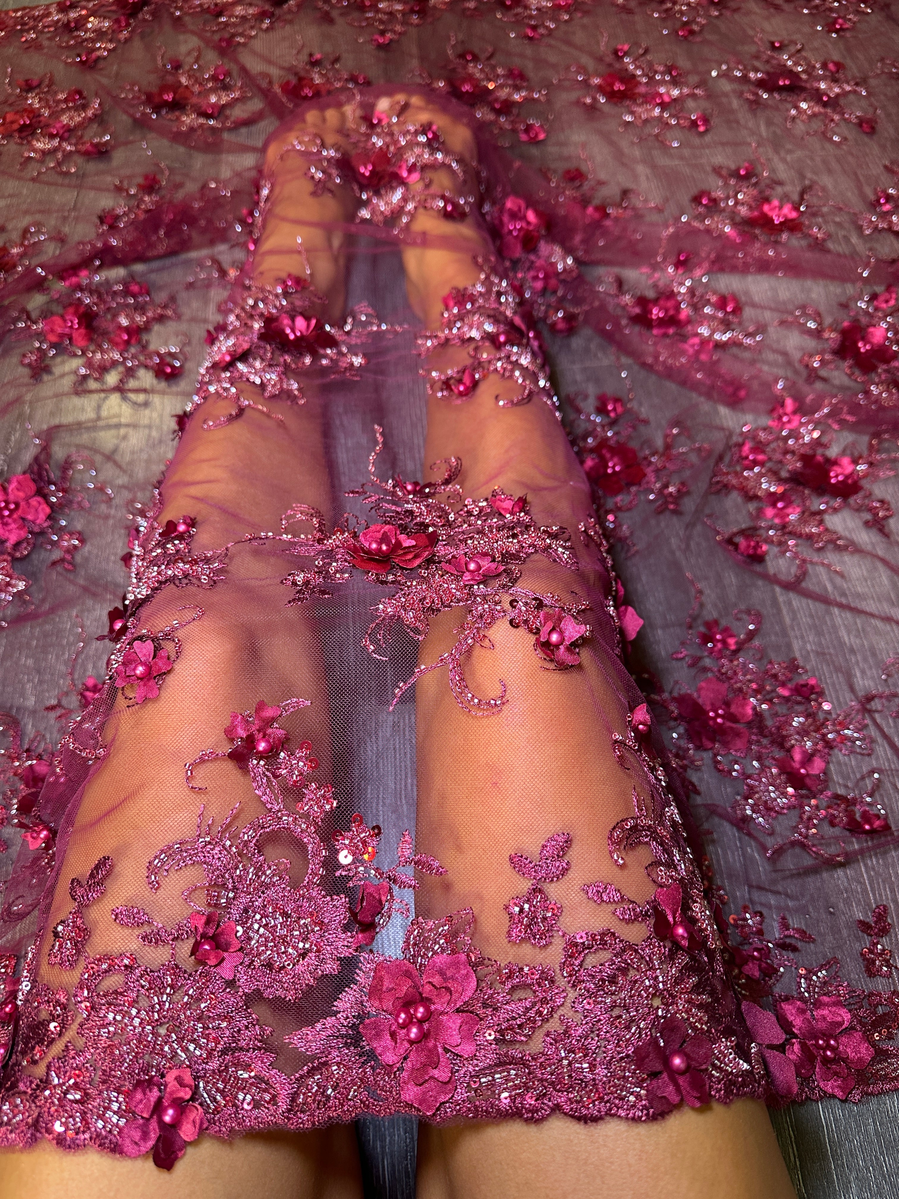 Burgundy 3D Floral Embroidered Beaded Tulle Lace, Embroidered Lace, Beaded Tulle Lace, Tulle for Wedding Dress, Pearl Material, Tulle Fabric, Tulle Lace Dress Woman